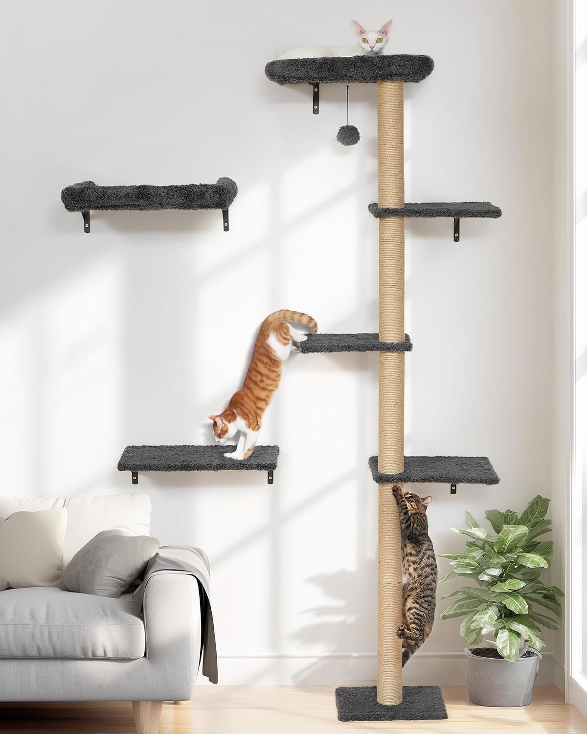 FUKUMARU Cat Wall Shelves Set, 70 inch Wall Mounted Tree, Grey
