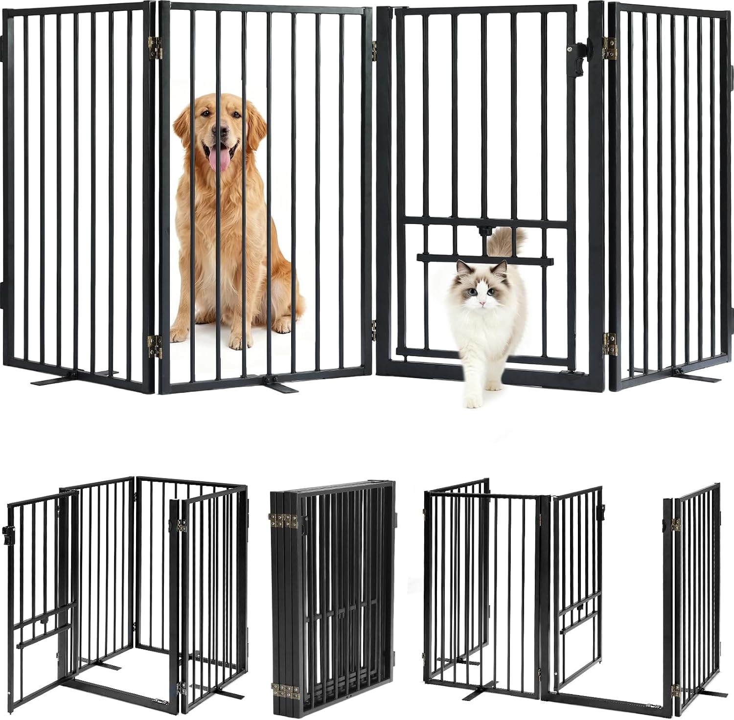 Metal Freestanding Dog Gate with Cat Door for Outdoor Indoor,80″ Extra Wide Foldable Pet Fence,30″ Tall Dog Gate for Large Opening,Stairs,Hallways,Doorways,Deck,Yard,with 3PCS Support(4 Panels,Black)