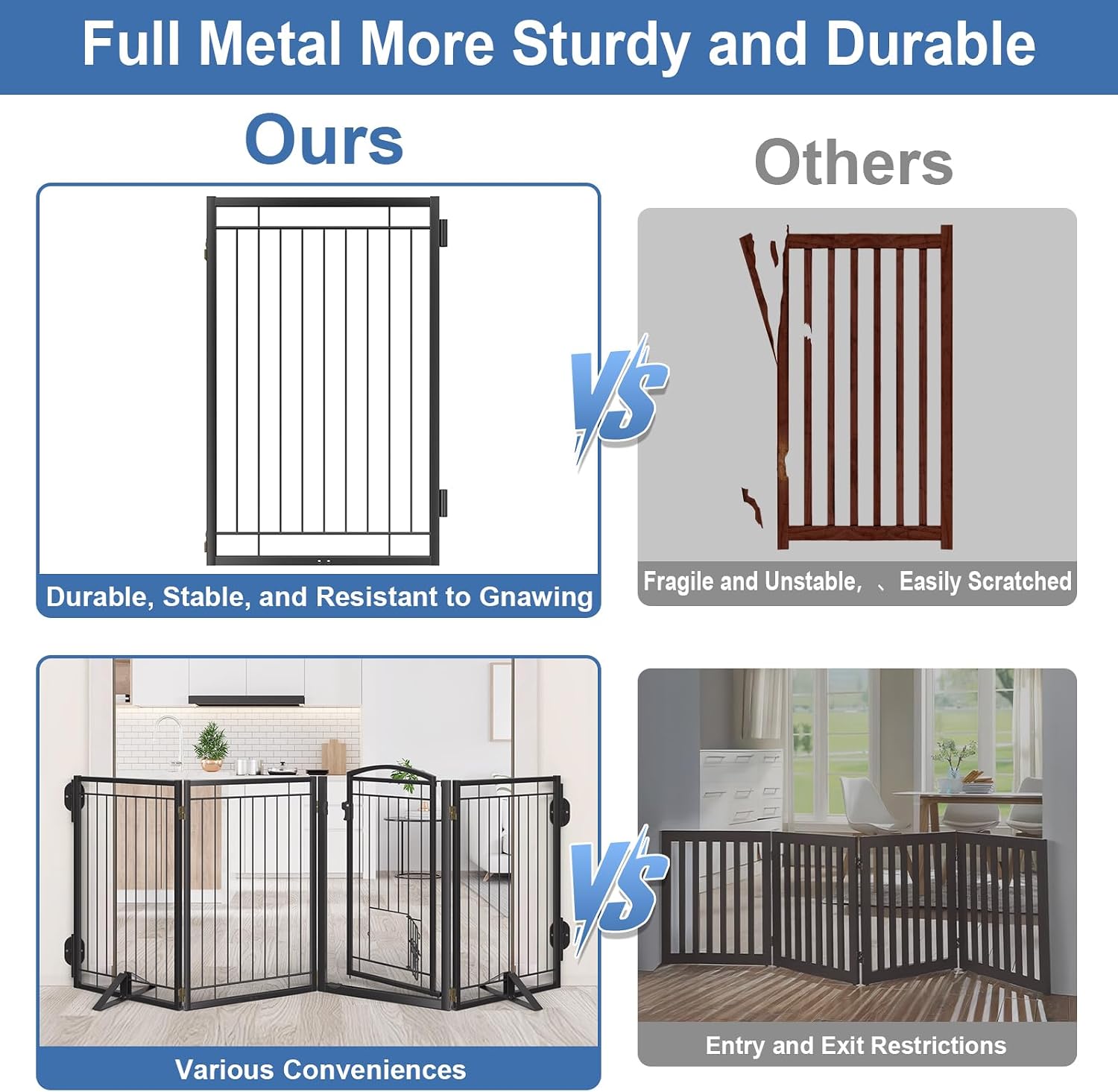 Full Metal Freestanding Dog Gate with Cat Door for Indoor & Outdoor,32″ Tall Foldable Dog Fence,80″ Extra Wide Free Standing Pet Gate for Large Openings,Stairs,Deck,Yard,Doorways(Black)