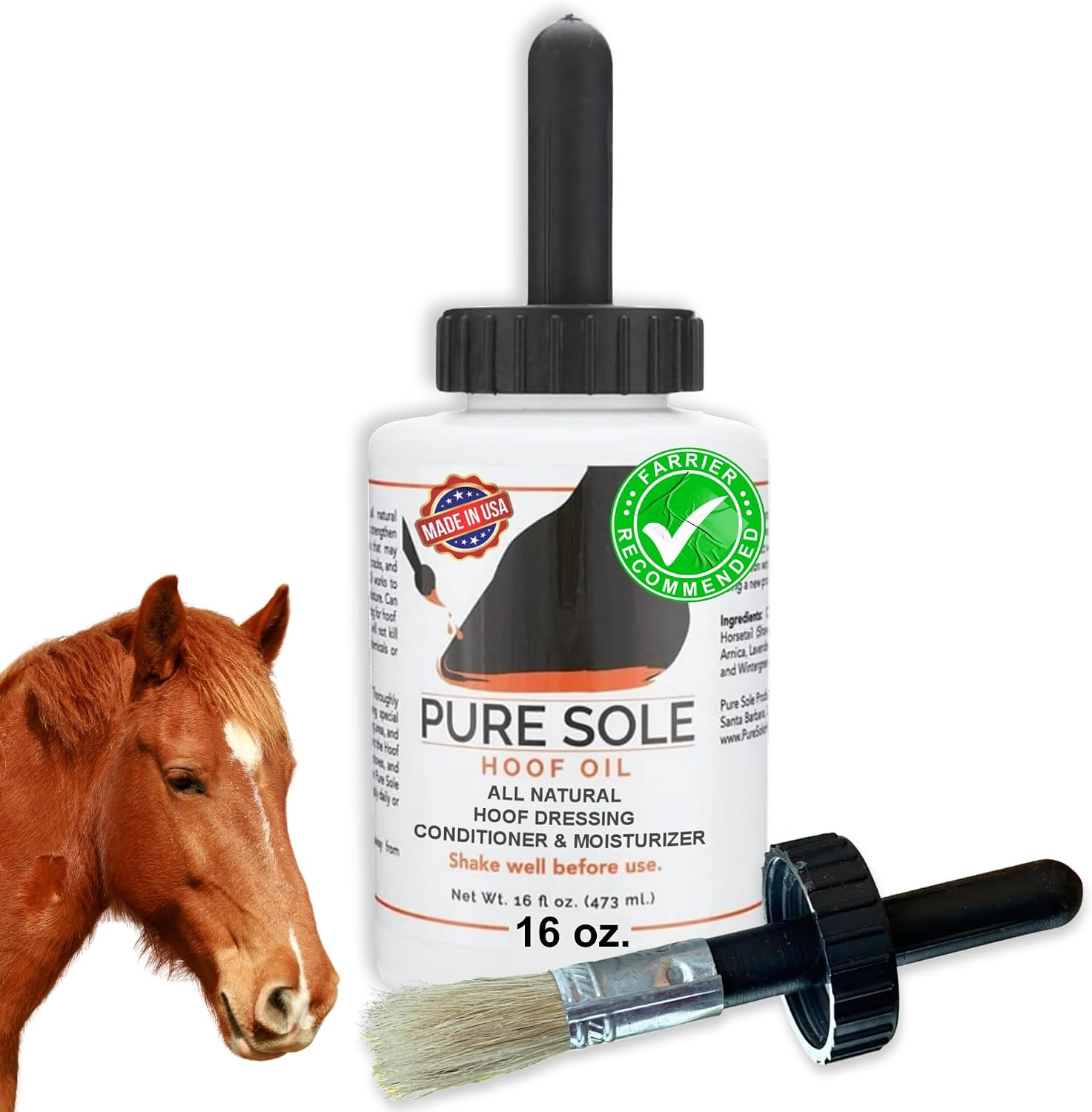 Pure Sole Hoof Oil – All Natural Hoof Conditioner for Horses with Hoof Oil Brush Applicator – Strengthens, Moisturizes and Treats Hoof Problems – 16 fl oz.