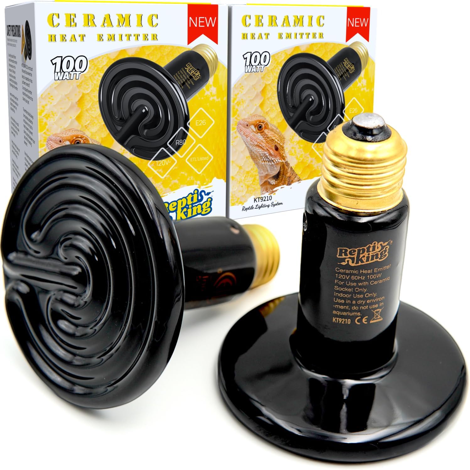Ceramic Heat Emitter, 2-Pack 100W, Reptile Heat Lamp Bulbs, Ceramic Heating Bulb for Reptiles, Amphibian, Chick, Dog, Snake Leopard Gecko Bearded Dragon Heat Lamp, Black