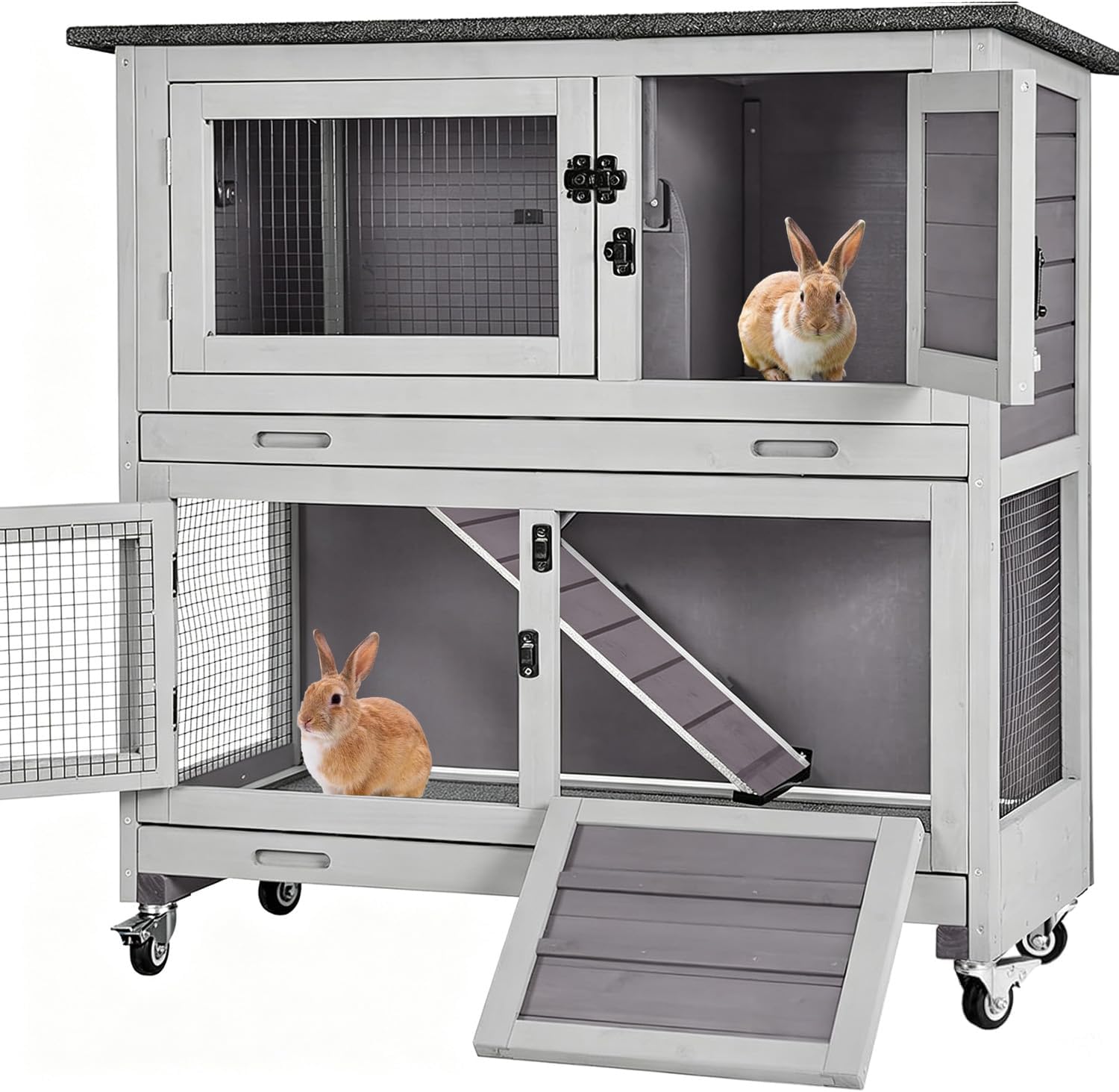 Aivituvin Rabbit Hutch Indoor Bunny Cage Outdoor 2 Story Pet House Guinea Pig Cage on Wheels 36″ L