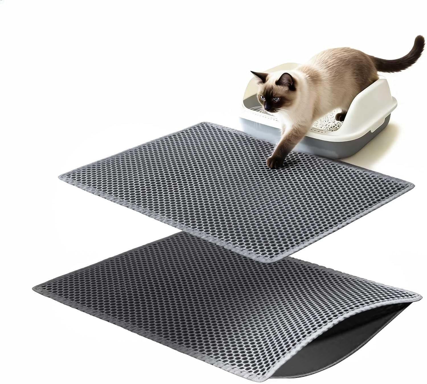 Cat Litter Mats (2-Pack) 24″ x 15″, Litter Box Mats with Double Layers, Urine-Proof and Non-Slip Litter Trapping Mats, Easy Clean Leakproof , Soft EVA Durable Anti-Scratch Kitty Litter Mat, Grey