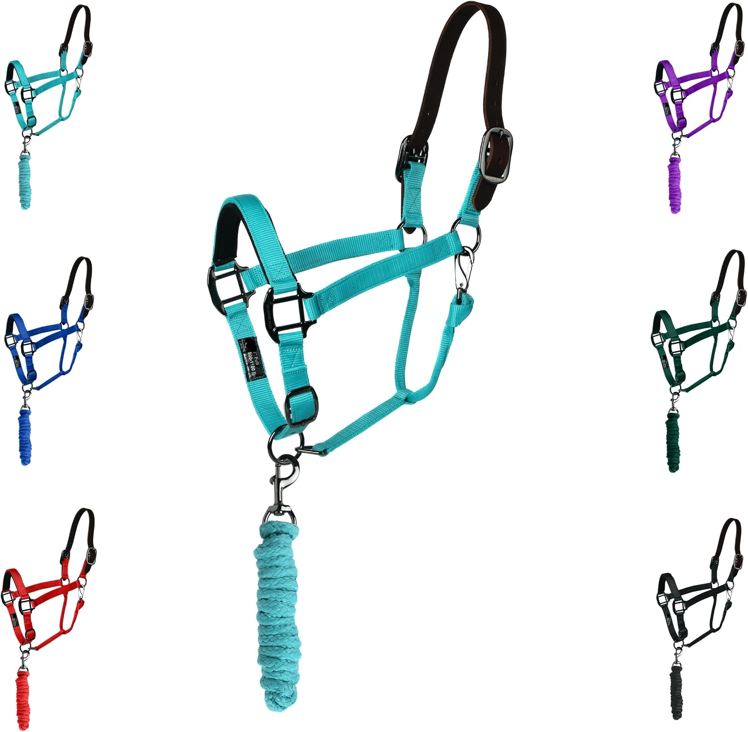 Majestic Ally Leather Halter with Matching Lead Rope for Horses – Leather Breakaway Crown – Adjustable Chin Strap – Rolled Throat Latch – Padded Noseband – Full (Turquoise, Draft)