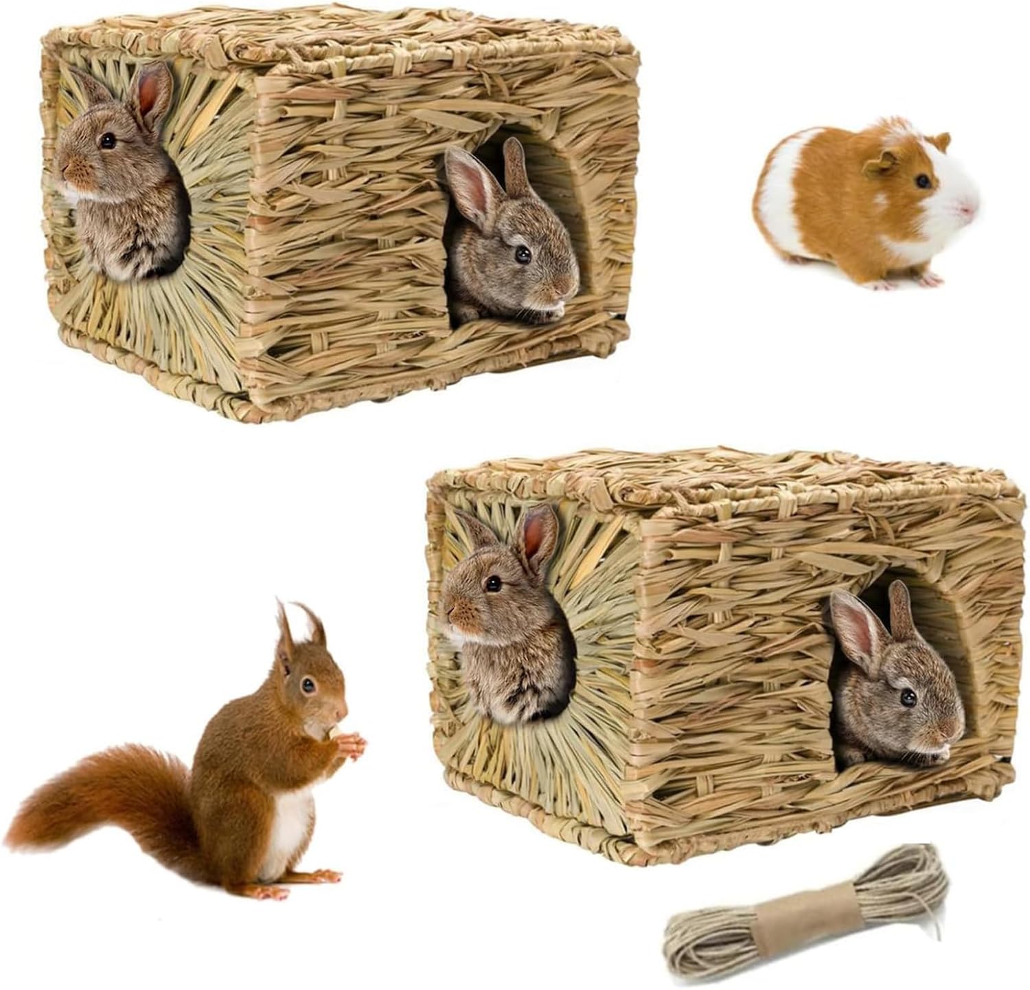 Hamiledyi 2 Pcs Rabbit Grass House Natural Handing Woven Hay Bunny Hideout