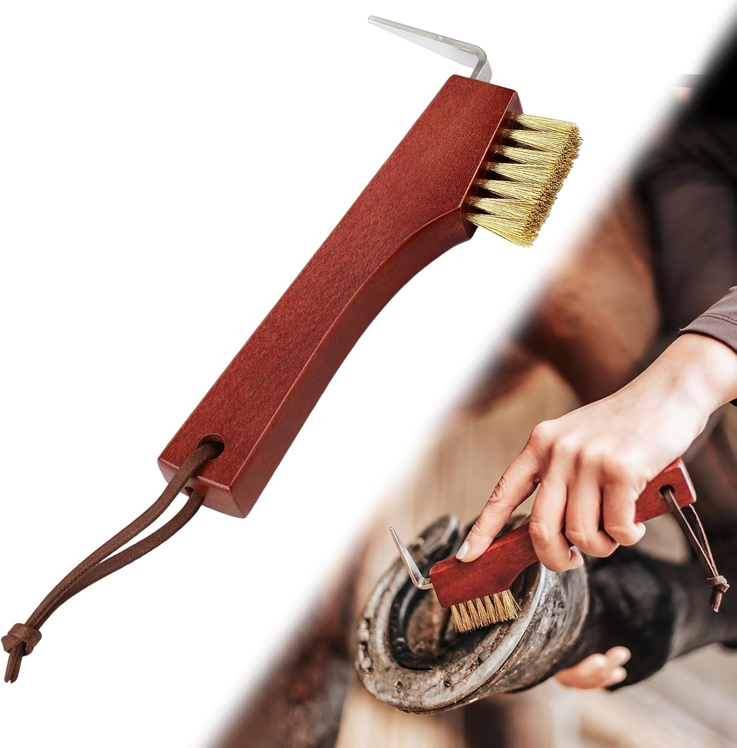 Shinylin Horse Hoof Pick with Brass Wire Brush and Wooden Grip