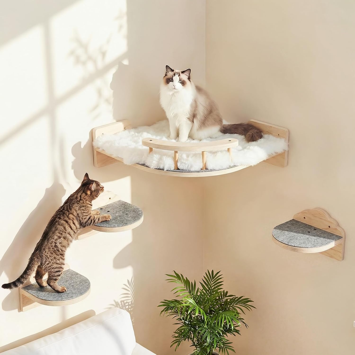 Cat Shelves for Wall, Corner Cat Wall Shelf with 3 Wide Steps, Wooden Wall Mounted Cat Shelf for Indoor Cats, 30 lb Capacity, Removable Plush Pads, Cat Climbing Perch Set for Large Cats