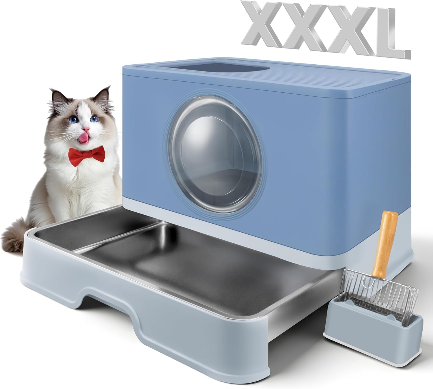 XXXL Stainless Steel Litter Box with Lid, Front Entry & Top Exit, Drawer Design, Scoop & Mat, for Maine Coon, Big & Multi-Cat Homes