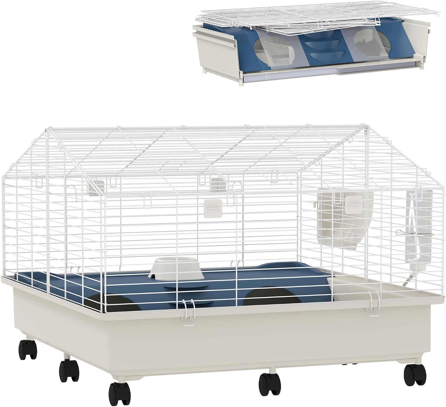 PawHut Small Animal Cage, Rolling Guinea Pig Cage with Water Bottle, Hay Feeder, Food Dish, Ramp, Rabbit Cage for Bunny, Guinea Pigs, Hedgehogs, 35″ x 35″ x 25″, White
