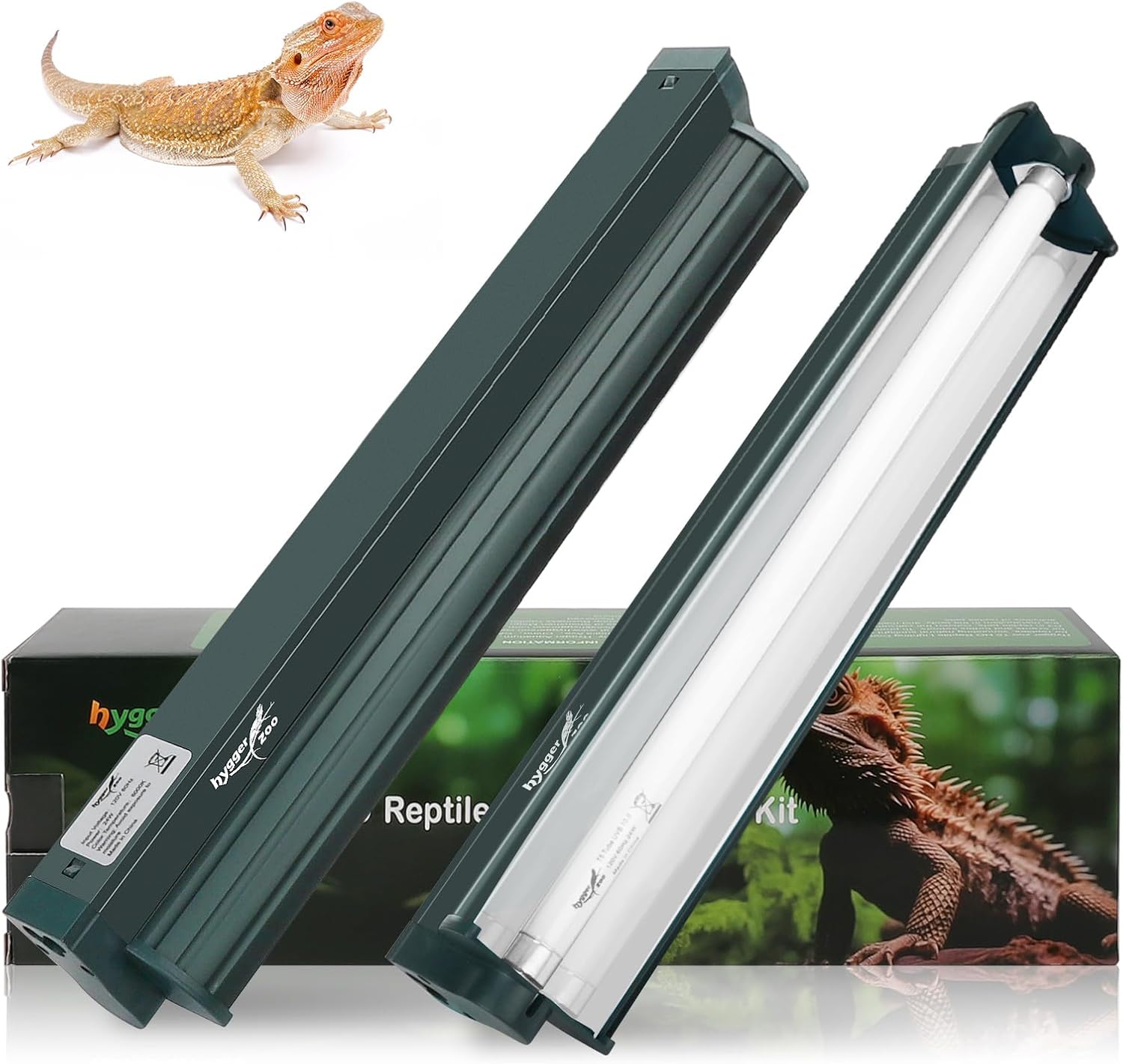 T5 Reptile Light Fixture Green Combo Kit 8W Light Fixture Reptile Terrarium Hood 10.0 UVB Light Bulb Fluorescent Tube Ideal for Tropical and Deserts Such as Bearded Dragon Lizards and Tortoises