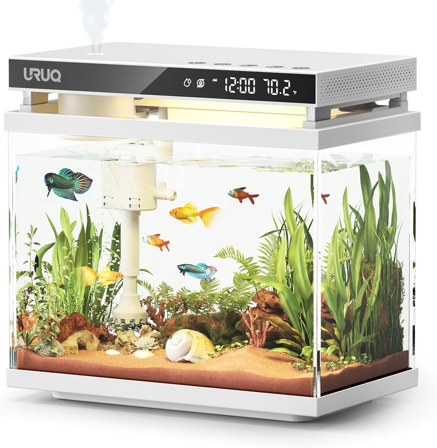 URUQ Fish Tank Smart Aquarium Kit 2 Gal UHD Glass Aroma Diffuser – White