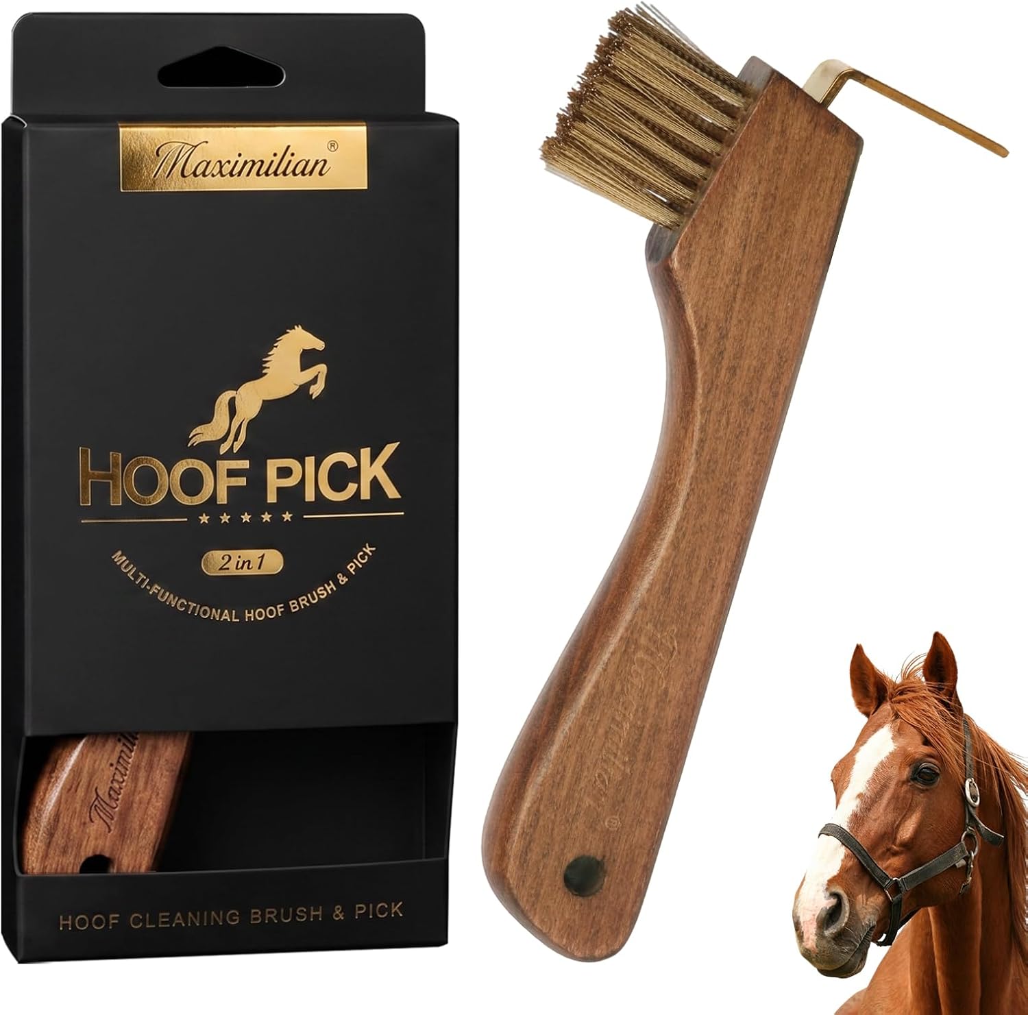 MAXIMILIAN 2-in-1 Solid Wood Horses Hoop Pick with Brush