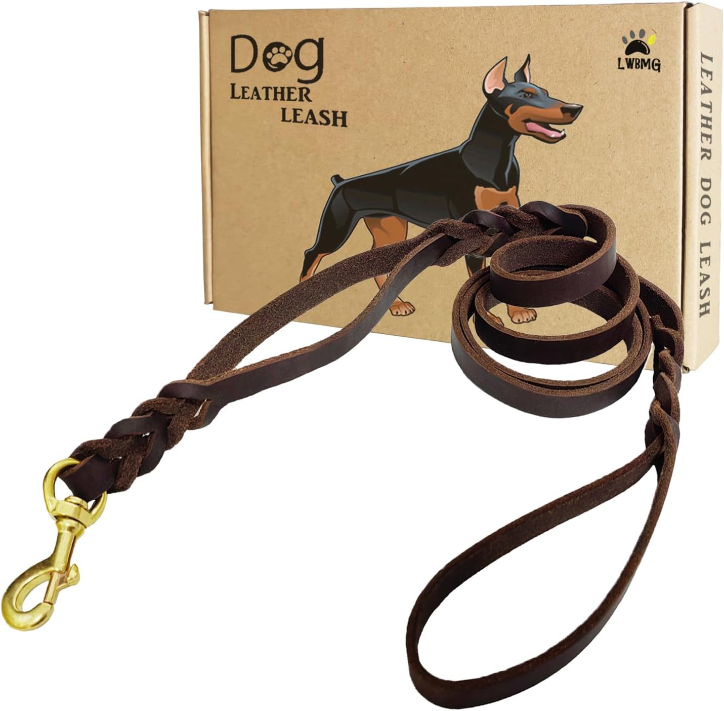 LWBMG Double Handle Leather Dog Leash 6 Foot – Heavy Duty Dog Leash with Traffic Handle – Braided Leather Lead for Small Medium Large Dogs