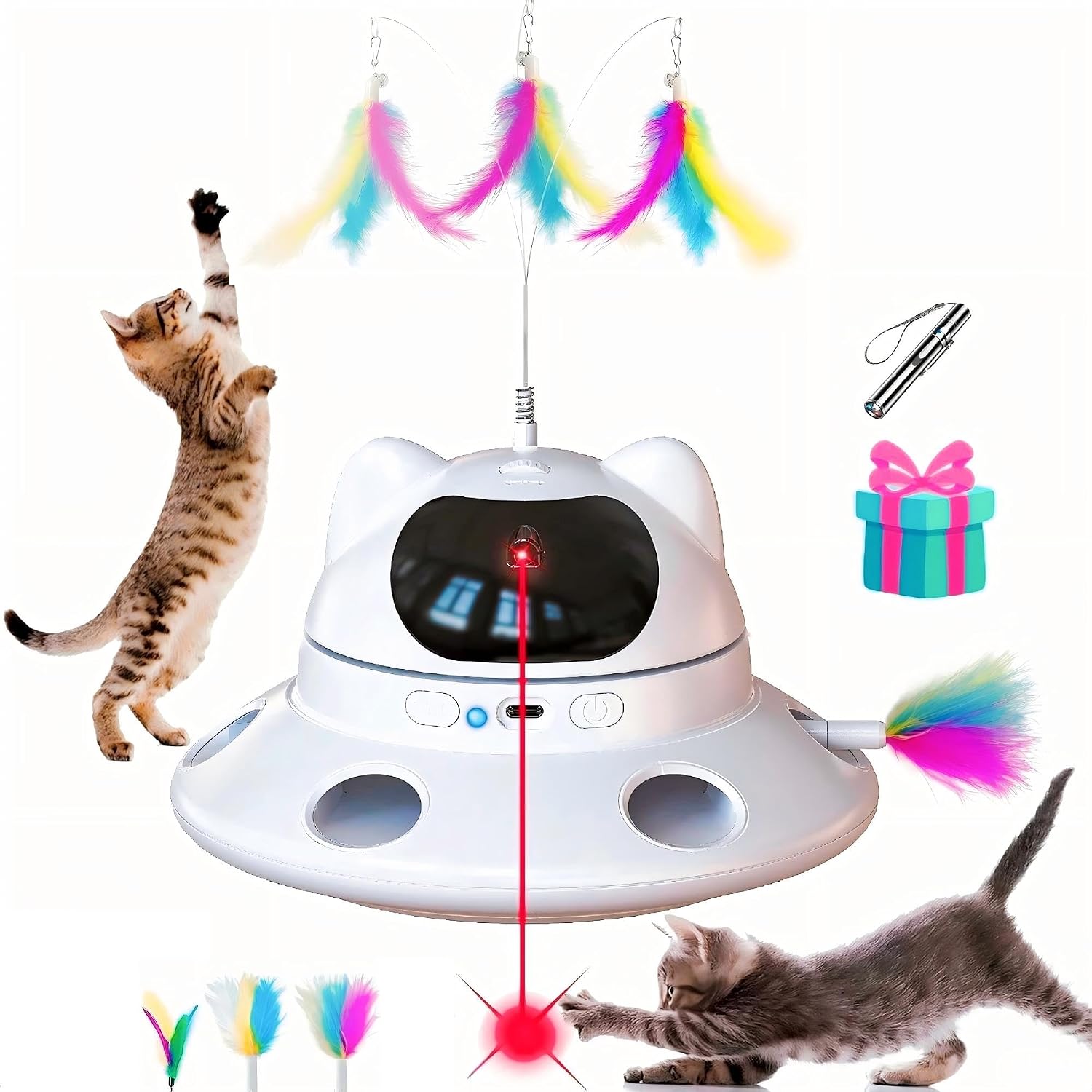 3-in-1Interactive AI Smart Play Cat Toy – Automatic Laser & Feather Toy for Indoor Cats, Keeps Cats Busy When Home Alone