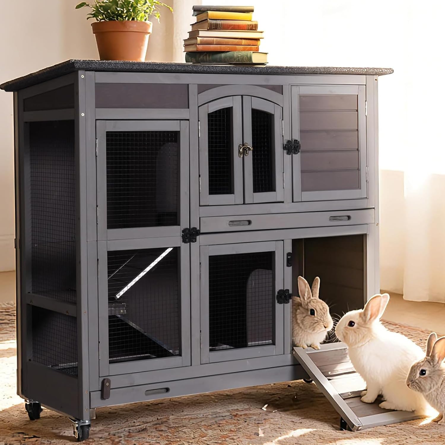 GUTINNEEN Rabbit Hutch Mobile Bunny Cage with Large Wheels, Chewproof Ramp, Leak Proof Trays – Ideal Cage for Rabbits, Guinea Pigs, Indoor/Outdoor Use, 44″ L x 20″ W x 41.5″ H