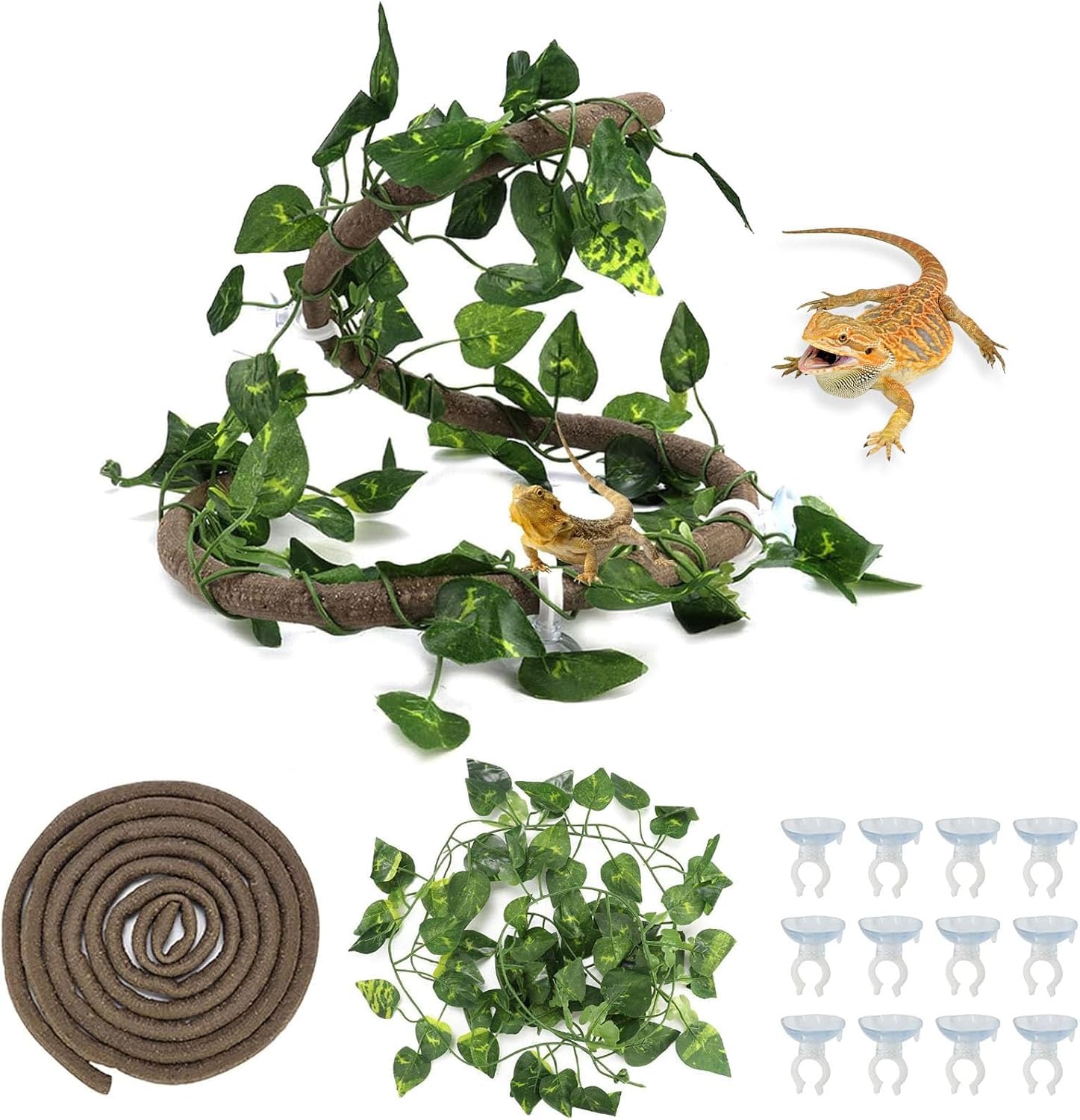 Tfwadmx 7FT Jungle Vines for Reptiles with Suction Cups 2 Pcs Bend A Branch Ivy Artificial Climbing Fake Leaves Habitat Terrarium for Chameleons, Snakes, Ball Python (2m/6.5Ft)