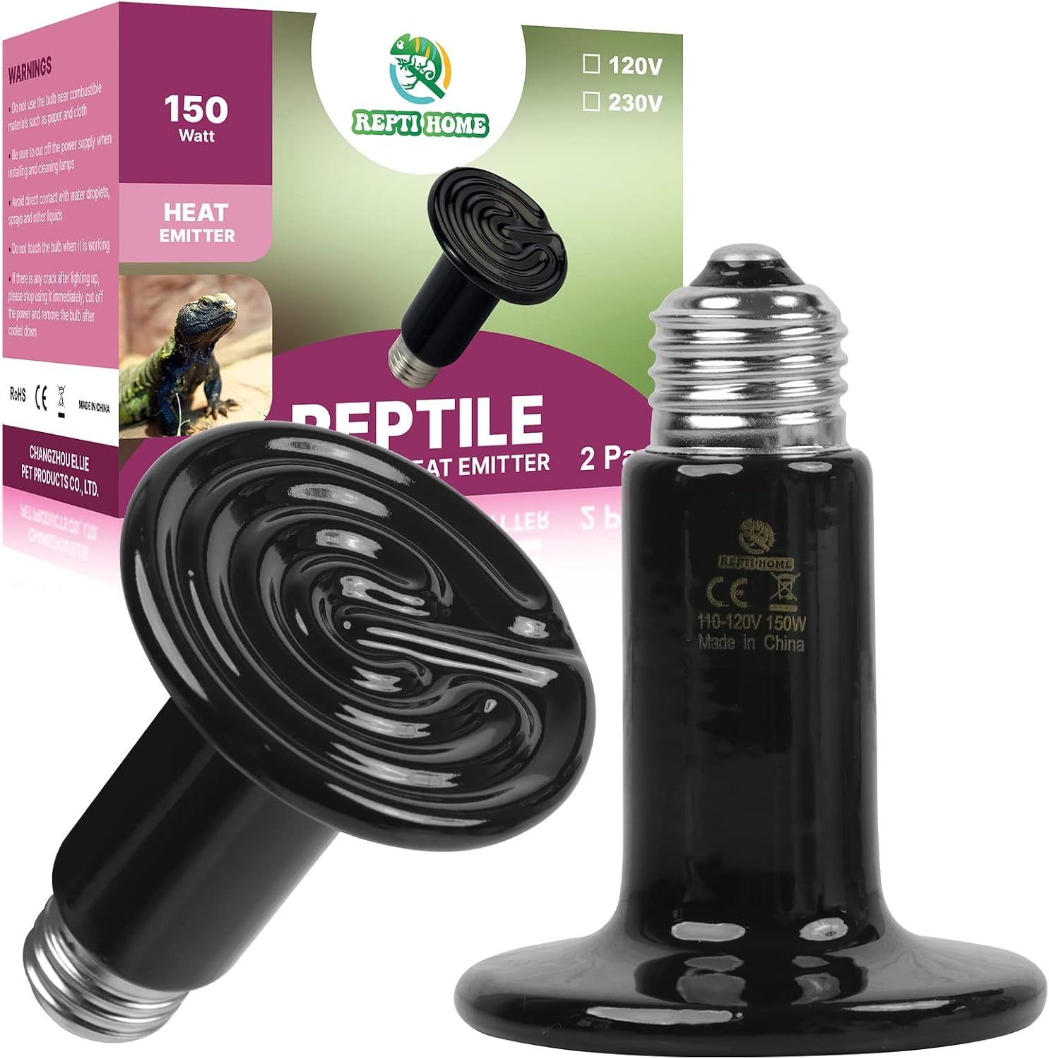 150W Ceramic Heat Emitter (2 Pack), Reptile Heat Lamp Bulbs, Ceramic Heater for Amphibian, Pet Brooder Coop, Chicken, Dog, Cat