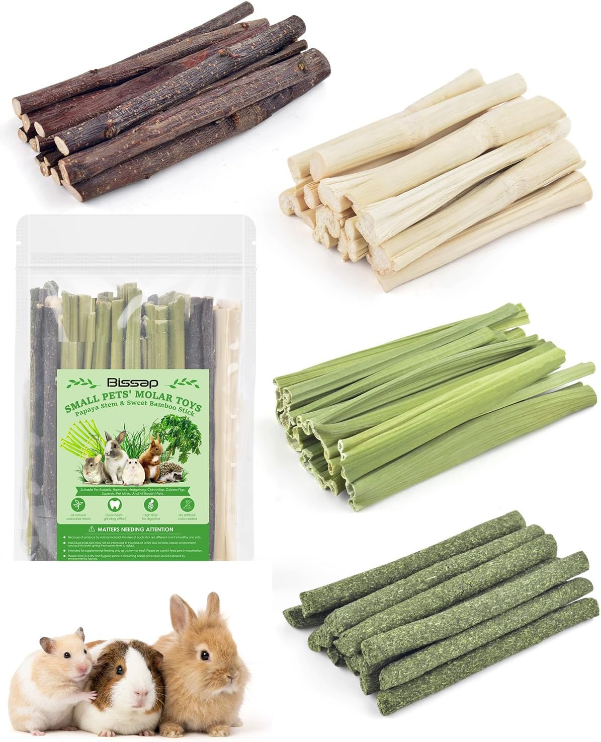 Bissap 60PCS Rabbit Chew Sticks, Natural Mix Molar Treat for Small Animals