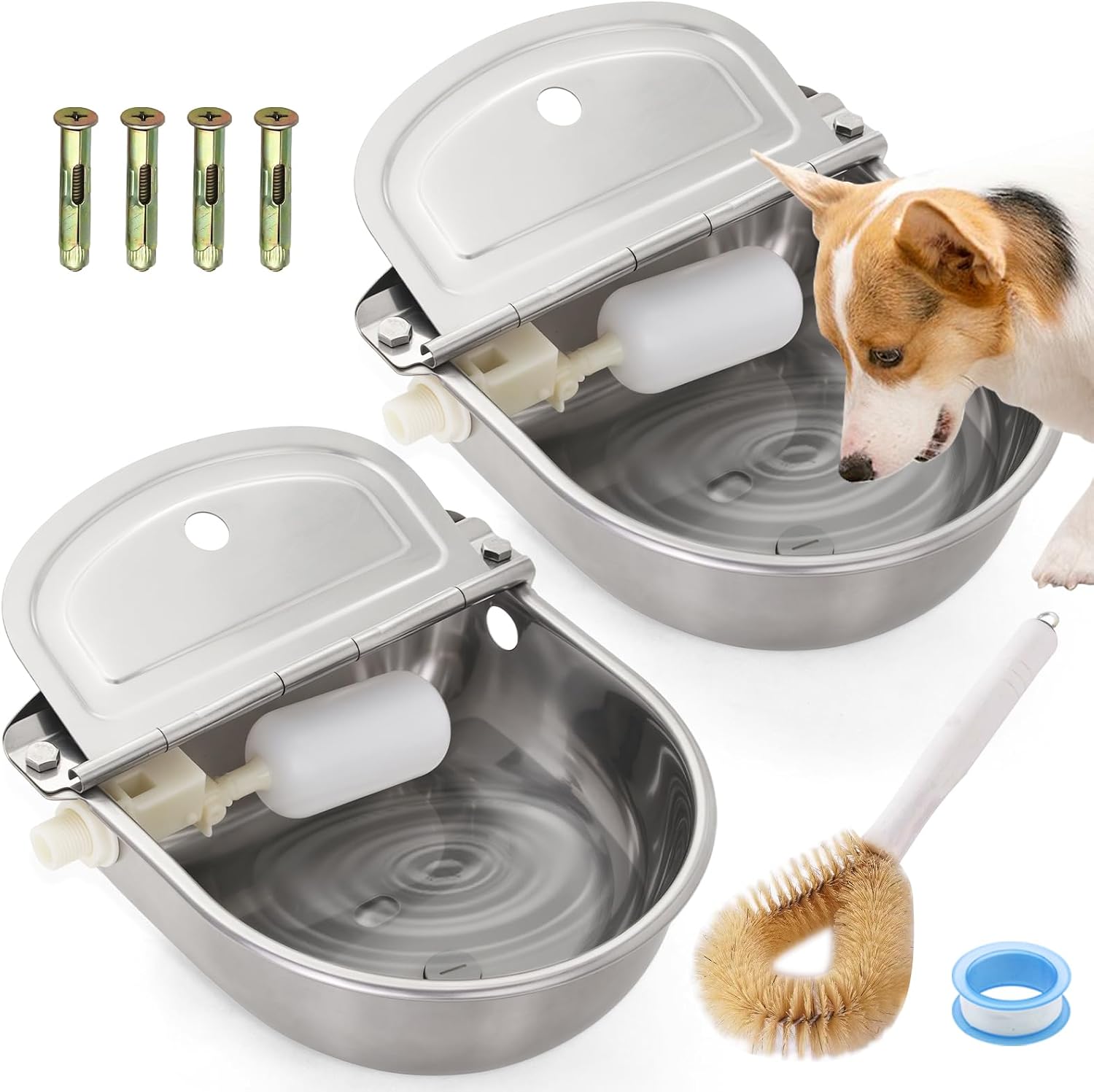 2-Pack Automatic Livestock Waterer, 304 Stainless Steel Auto Fill with Float Valve, Drainage Hole & Baffle, Without Hose, Wall/Floor Mount, for Dogs, Chickens, Horses, Goats, Pigs
