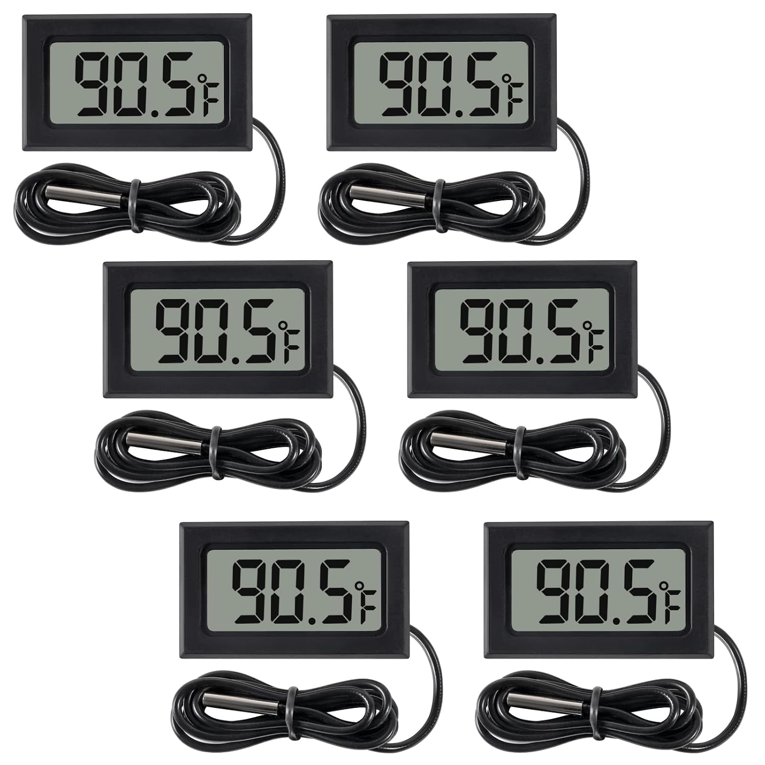 6 Pack Digital Thermometer Wired for Car Greenhouse Indicator Indoor Room Freezer Refrigerator Aquarium with 1M Waterproof NTC Probe Fahrenheit(℉)