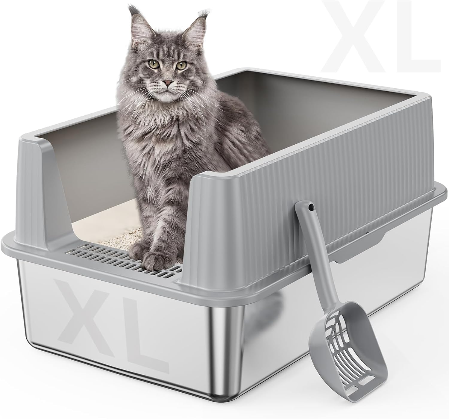 Suitfeel XL Stainless Steel Cat Litter Box with Lid and Scoop,Light Gray