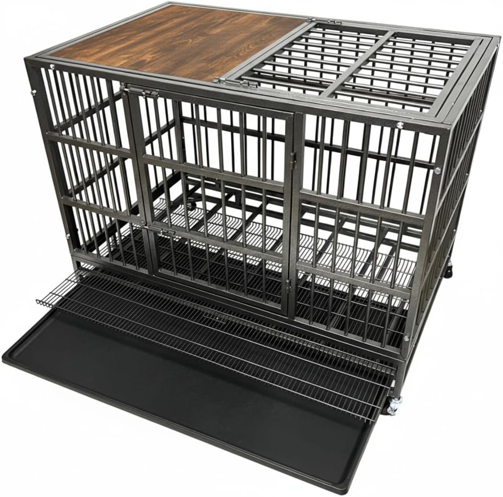 KOKOTANGS 48 Inch Heavy Duty Funiture Dog Crate with Wheels, Indestructible and Escape Proof Wooden Kennel Indoor for High Anxiety Dogs with Double Door and Tray, Extra Large XL XXL, Black