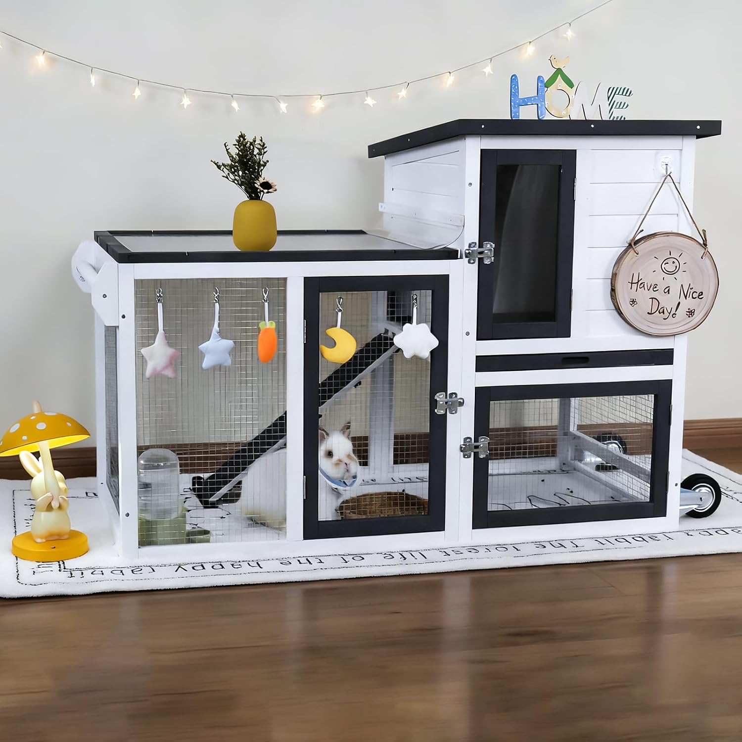 2-Story Bunny Hutch Indoor Outdoor Rabbit Cage with Pull-Out Tray & Wheels