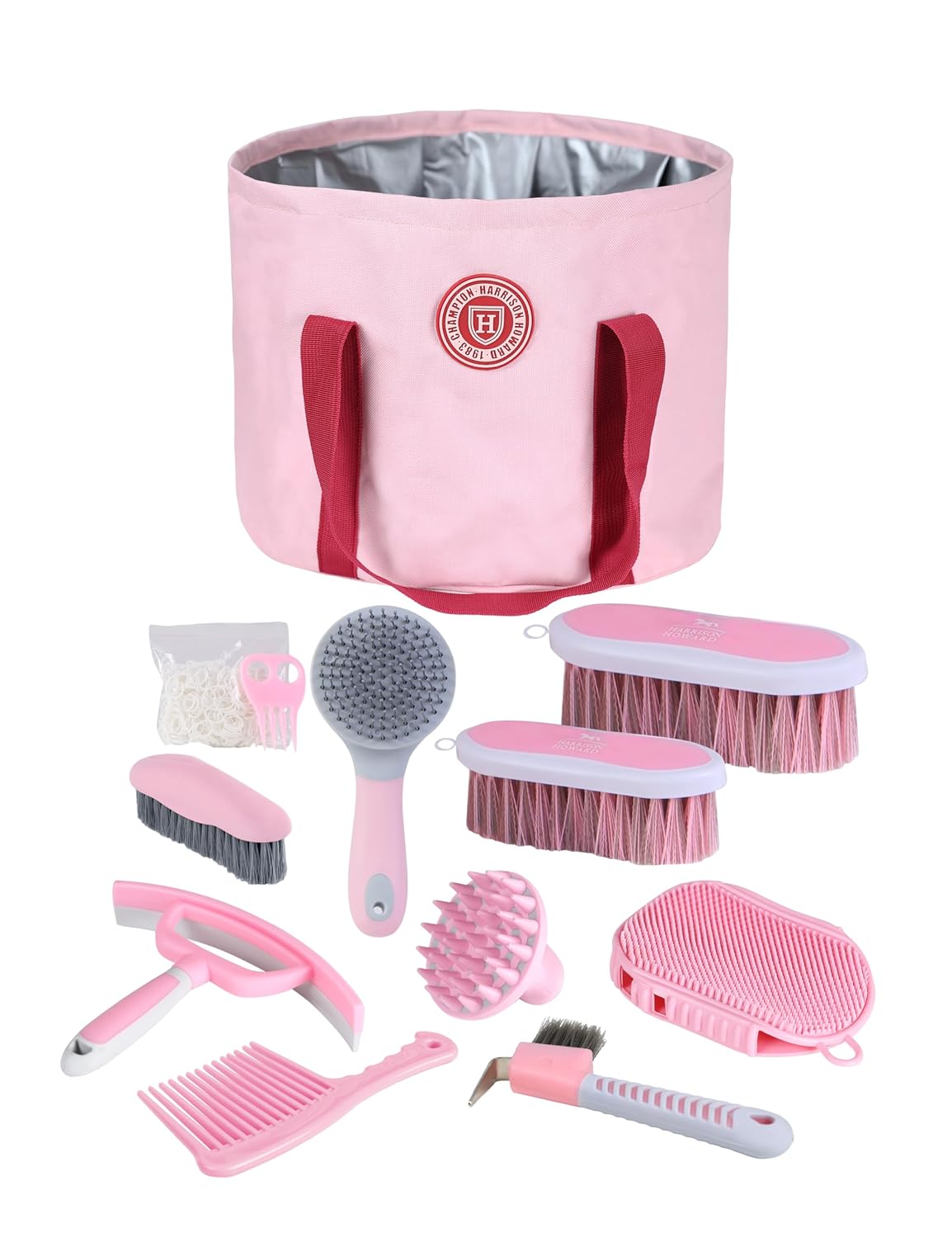 Harrison Howard Horse Grooming Kit 9 Piece with Tote, Non-Slip Silicone Grip Brush Set for Horses, Shedding Bathing Daily Care, Beginner Friendly Pink