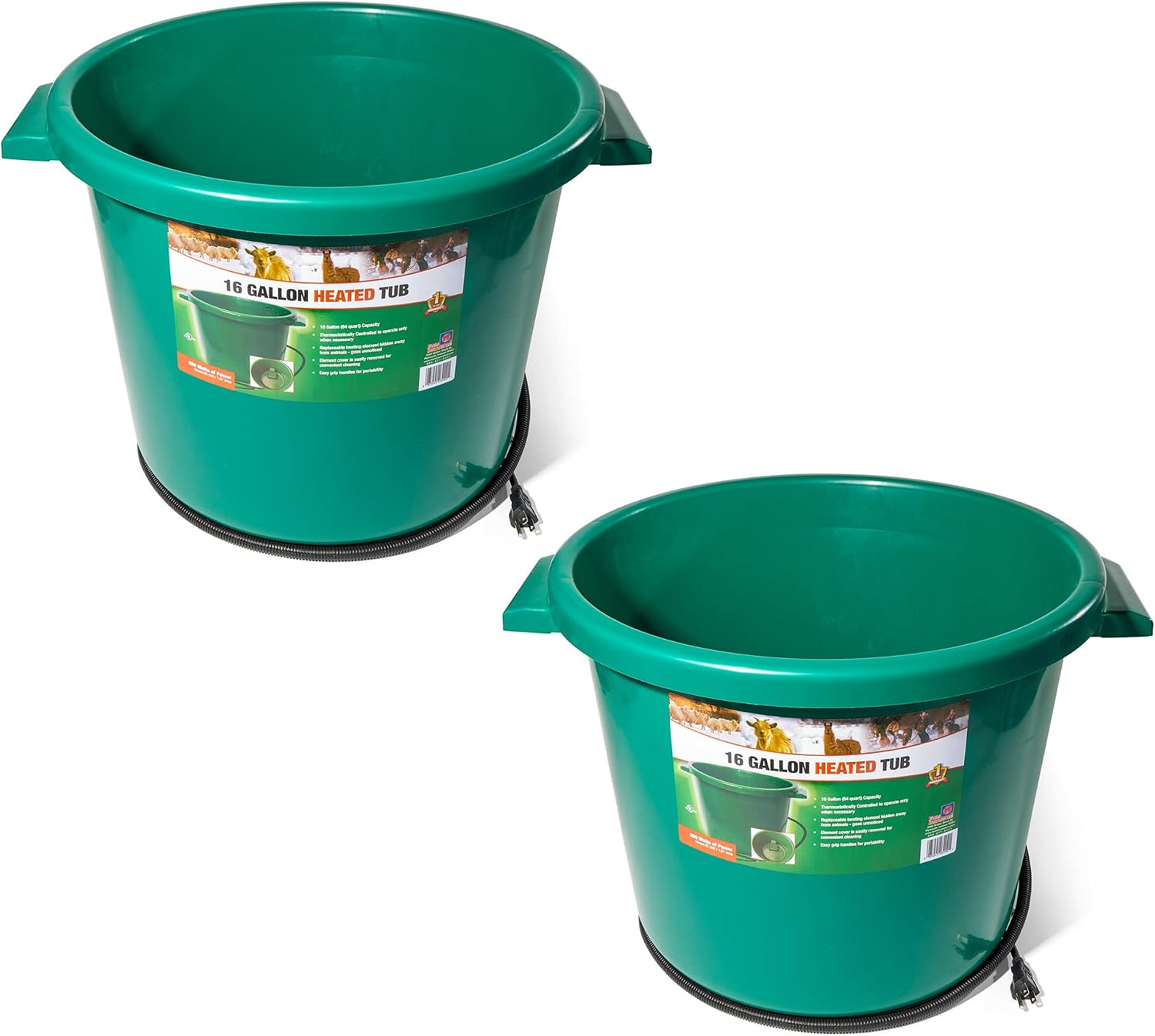 Farm Innovators 2 Pack Heated Water Bucket, 200W Heating Power – 16 Gallon Plastic Bucket with Replaceable Heating Element for Livestock Watering & Feeding