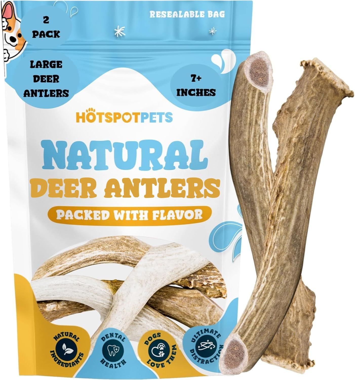 hotspot pets Premium USA Sourced Deer Antlers for Dogs – 7+ Inch Large Antler Dog Chews (2 Pack) Naturally Shed Antler Bone for Large Breed Aggressive Chewers – Promotes Dental Hygiene