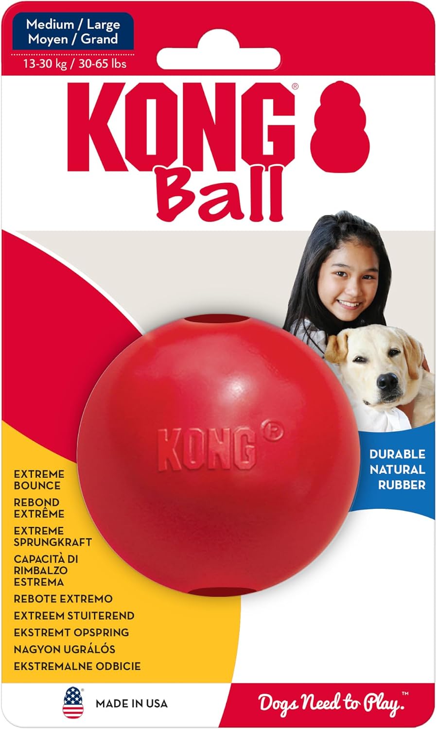 KONG Ball with Hole, Natural Rubber Fetch Toy, Red, for Large/Medium Dogs