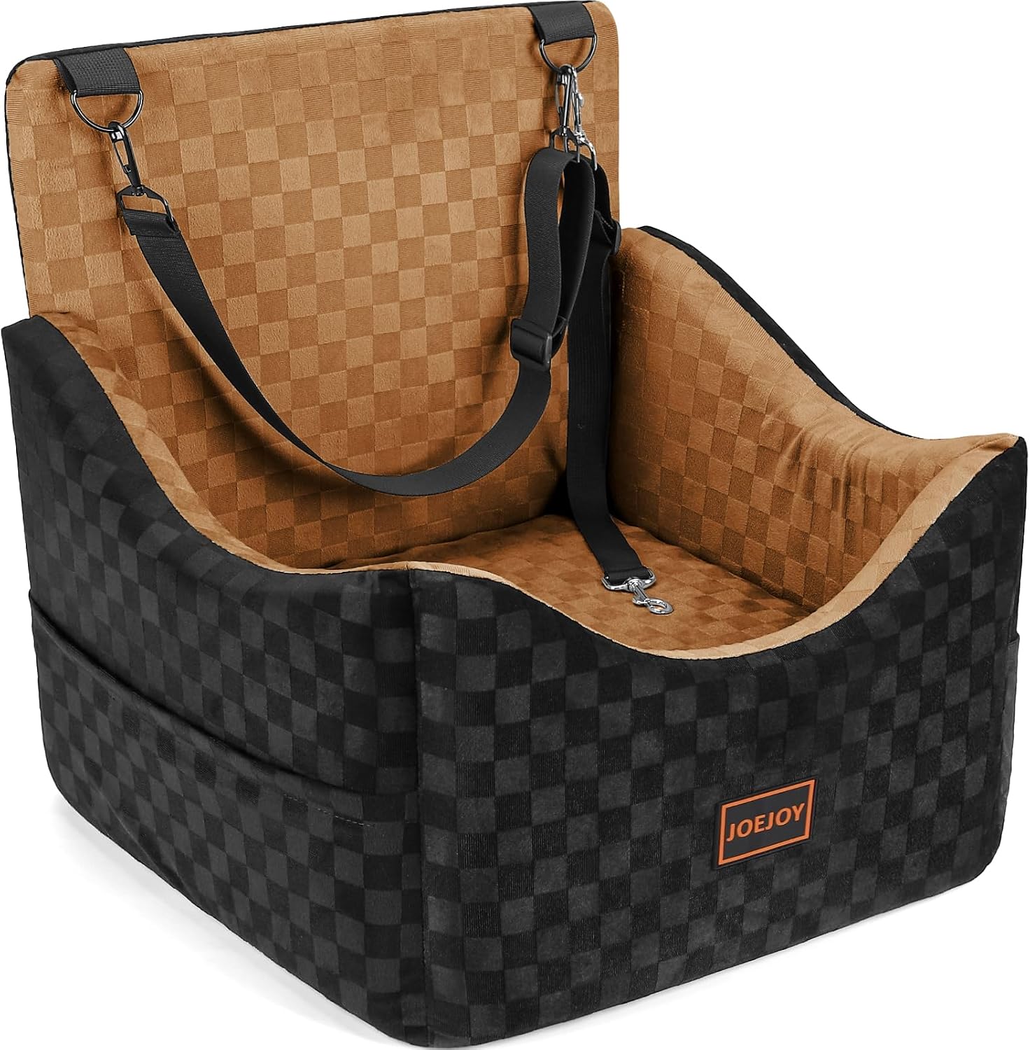 JOEJOY Elevated Dog Car Seat for Small/Medium Dogs up to 35 lbs, Memory Foam Booster Seat with Detachable Washable Cover, Travel-Safe Car Bed with Safety Belts & Storage Pockets, Brown