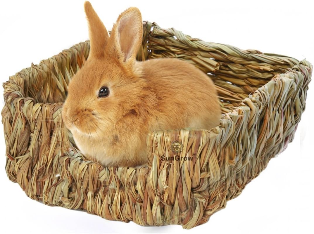 SunGrow Portable Grass Bed for Rabbits, Handmade and Washable Basket, Chew Toy, Easy to Dry, Sleeping, Chewing, Nesting Pad, Small Animal Bunny Bedding