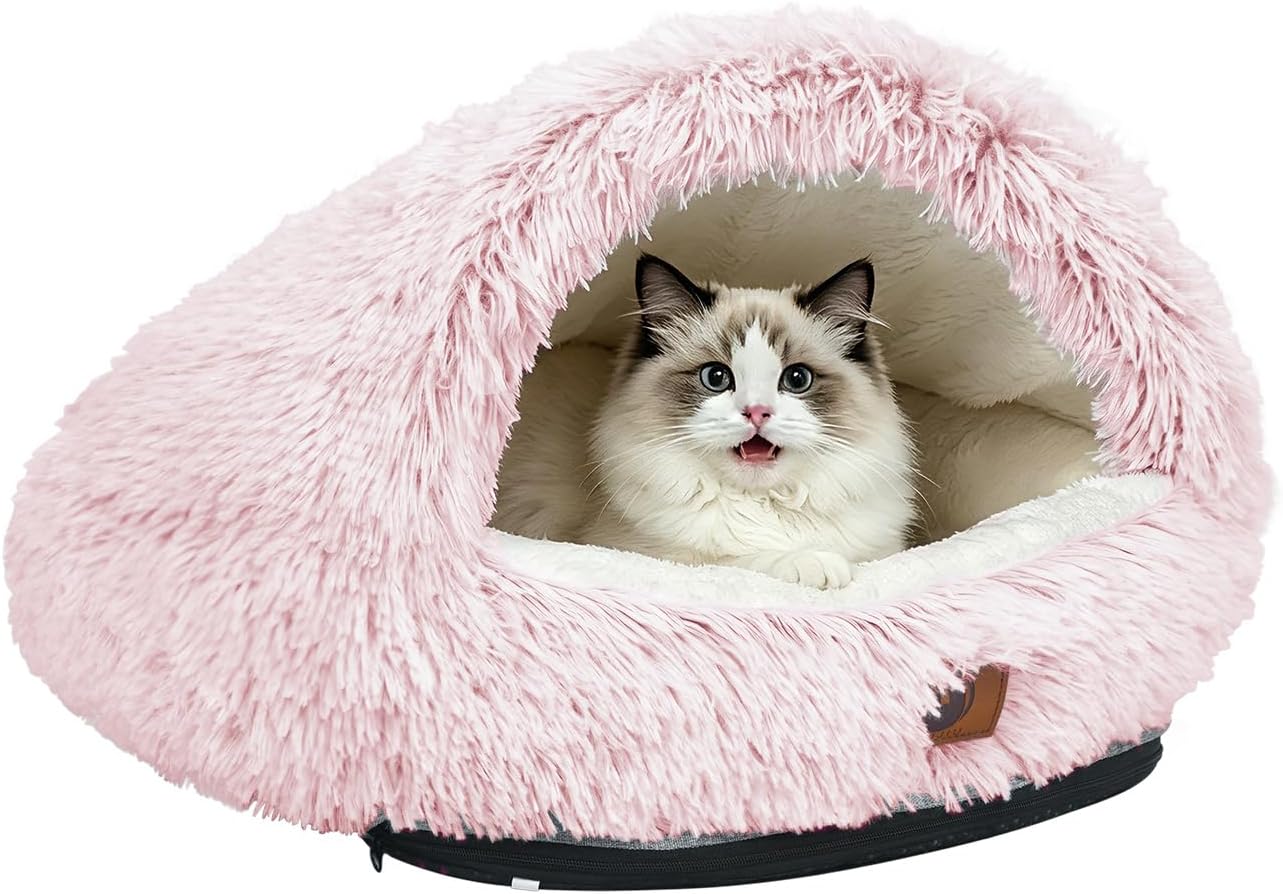 YooxArmor Round Covered Cat Bed Cave Dog Bed for Small Medium Pets,Pink,S