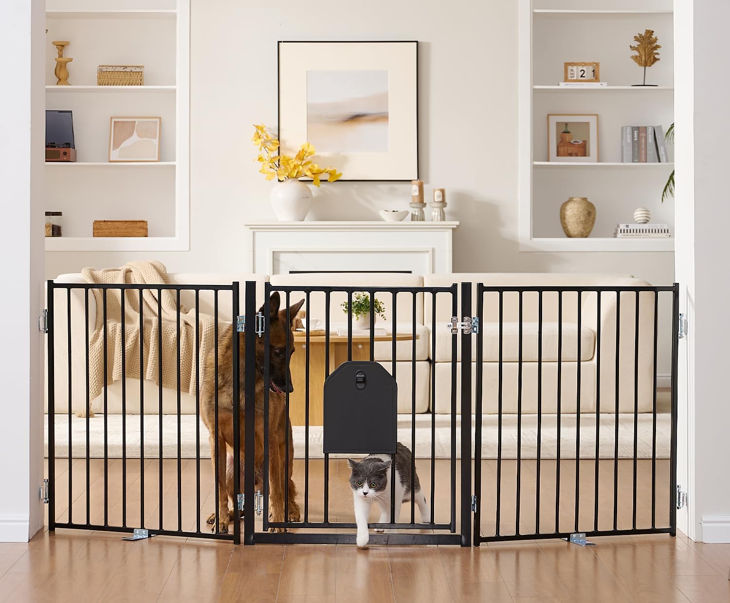 No Pawblems Freestanding Dog Gate with Cat Door for Indoor & Outdoor,Black