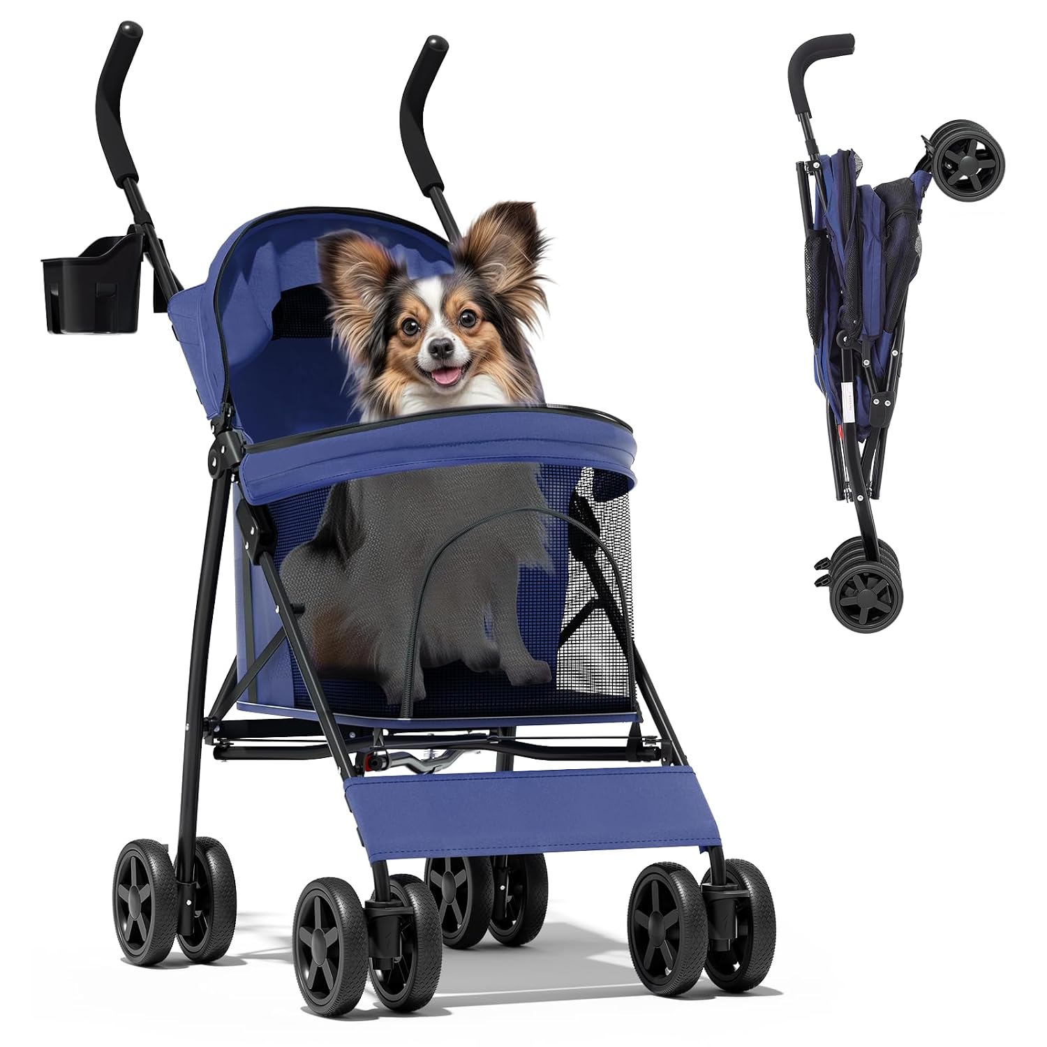 Magshion Compact Fold Pet Travel Stroller for Small Dogs Cats, Navy Blue