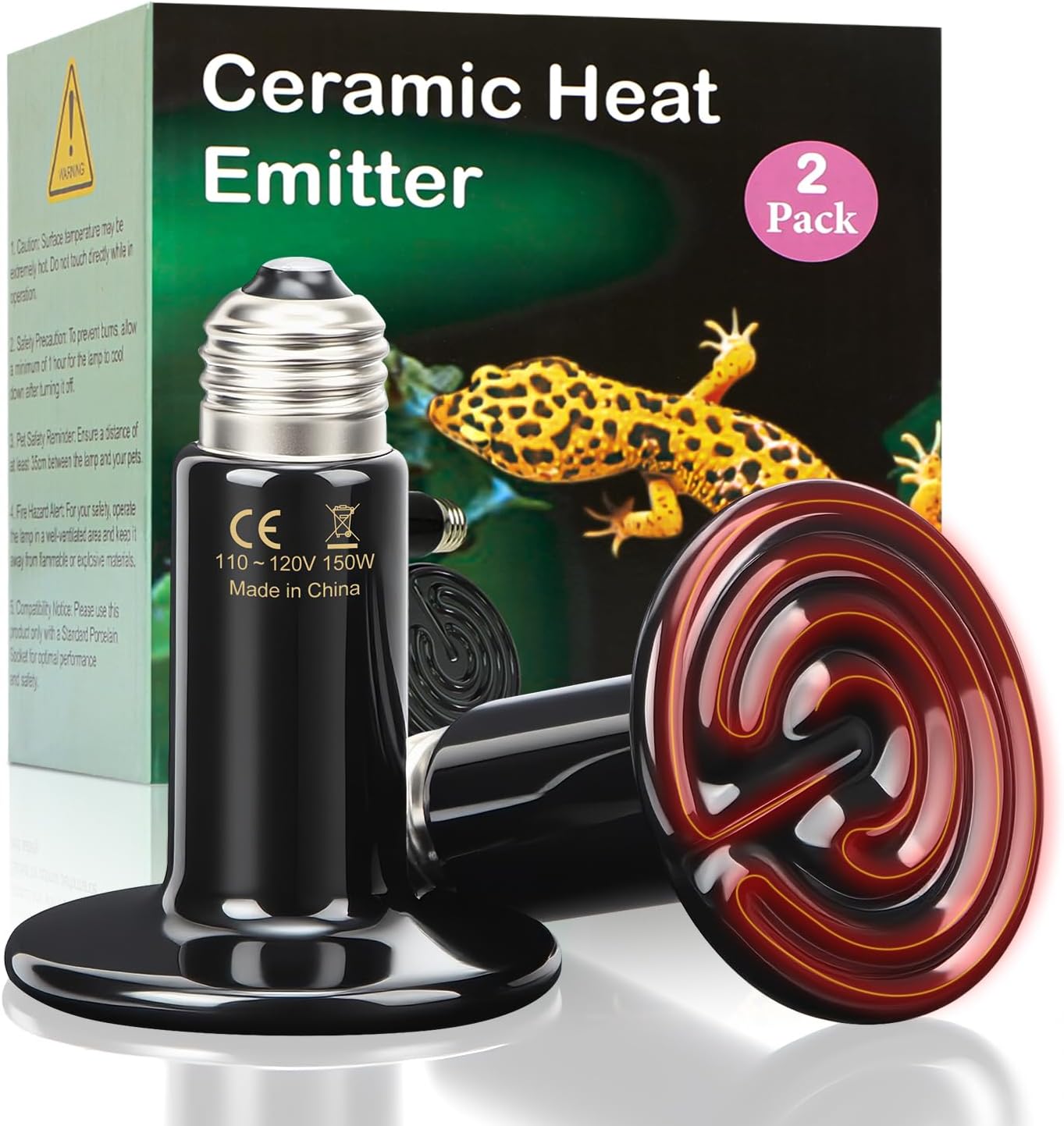 2-Pack 150W Ceramic Heat Emitter for Reptiles – No Light Night Time Heat Bulbs for Bearded Dragons, Geckos, Iguanas, Lizards, E26 Base