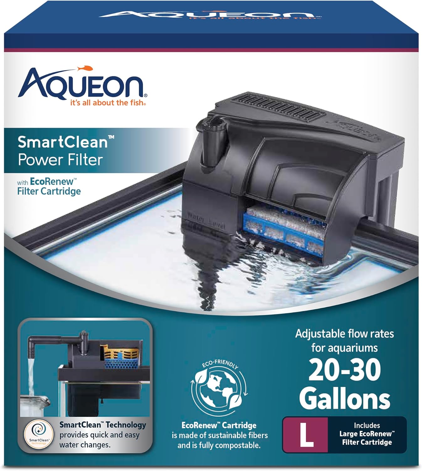 Aqueon SmartClean Power Filter with EcoRenew Filter Cartridge, Quick and Easy Water Changes, Quiet Operation, Adjustable Flow, for 20-30 Gallon Freshwater and Saltwater Aquariums, Large