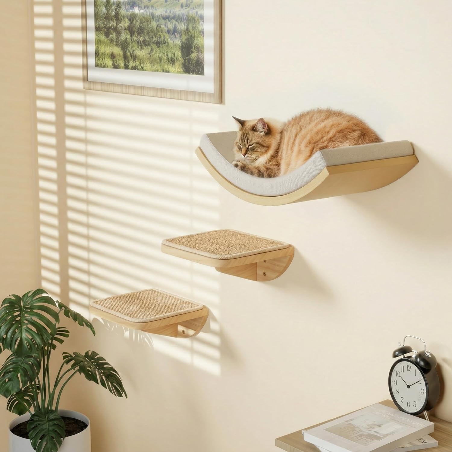 Cat Window Perches, Cat Wall Shelves with Curved Bed and 2 Sisal Mat Steps