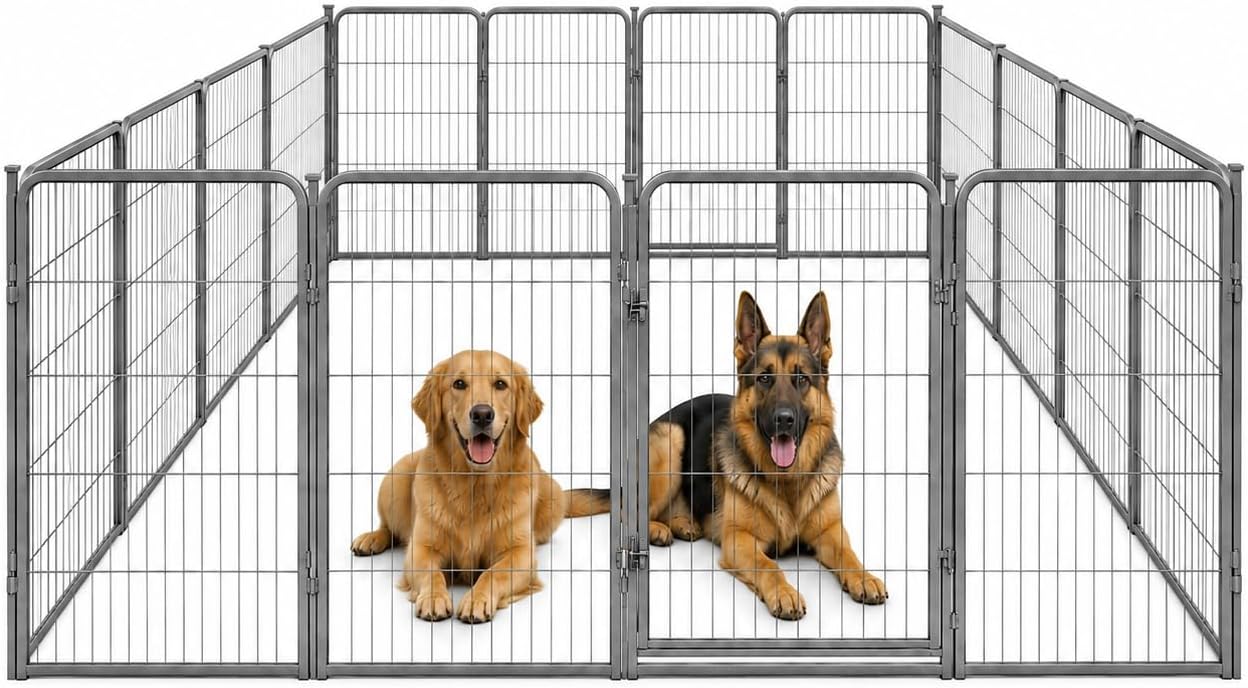 Outdoor Dog Playpen – 40 inch, 16 Panels for Medium and Large Size Dogs – Portable Heavy Duty Metal Pet Fence with Grey Anti-Rust Coating – Exercise Play Pen for RV, Camping, and Yard