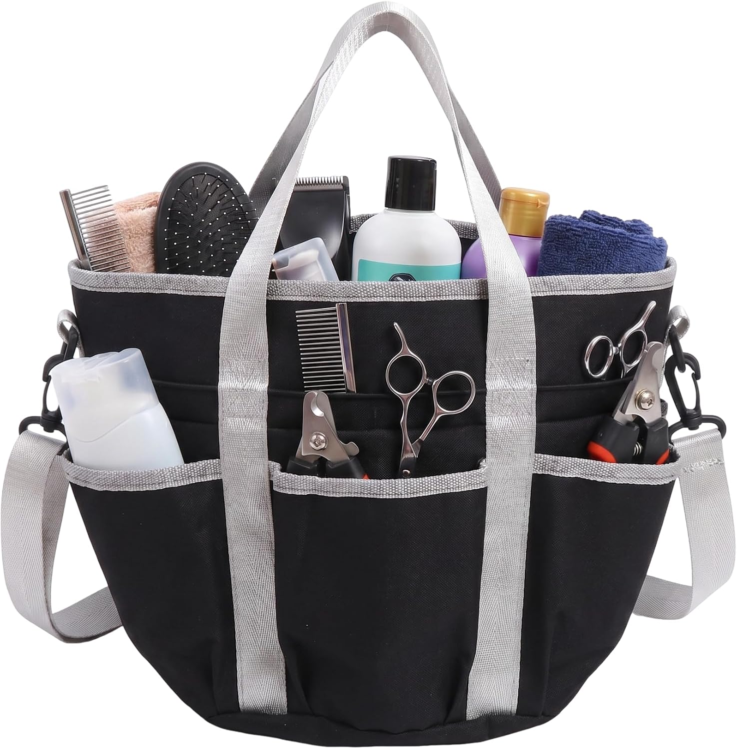 Horse Grooming Tote Bag with 6 Pockets & Drawstring Closure, Portable Grooming Bag for Horses, Waterproof Tack Bag with Shoulder Strap for Horse Grooming Supplies, Equestrian Grooming Kit Organizer