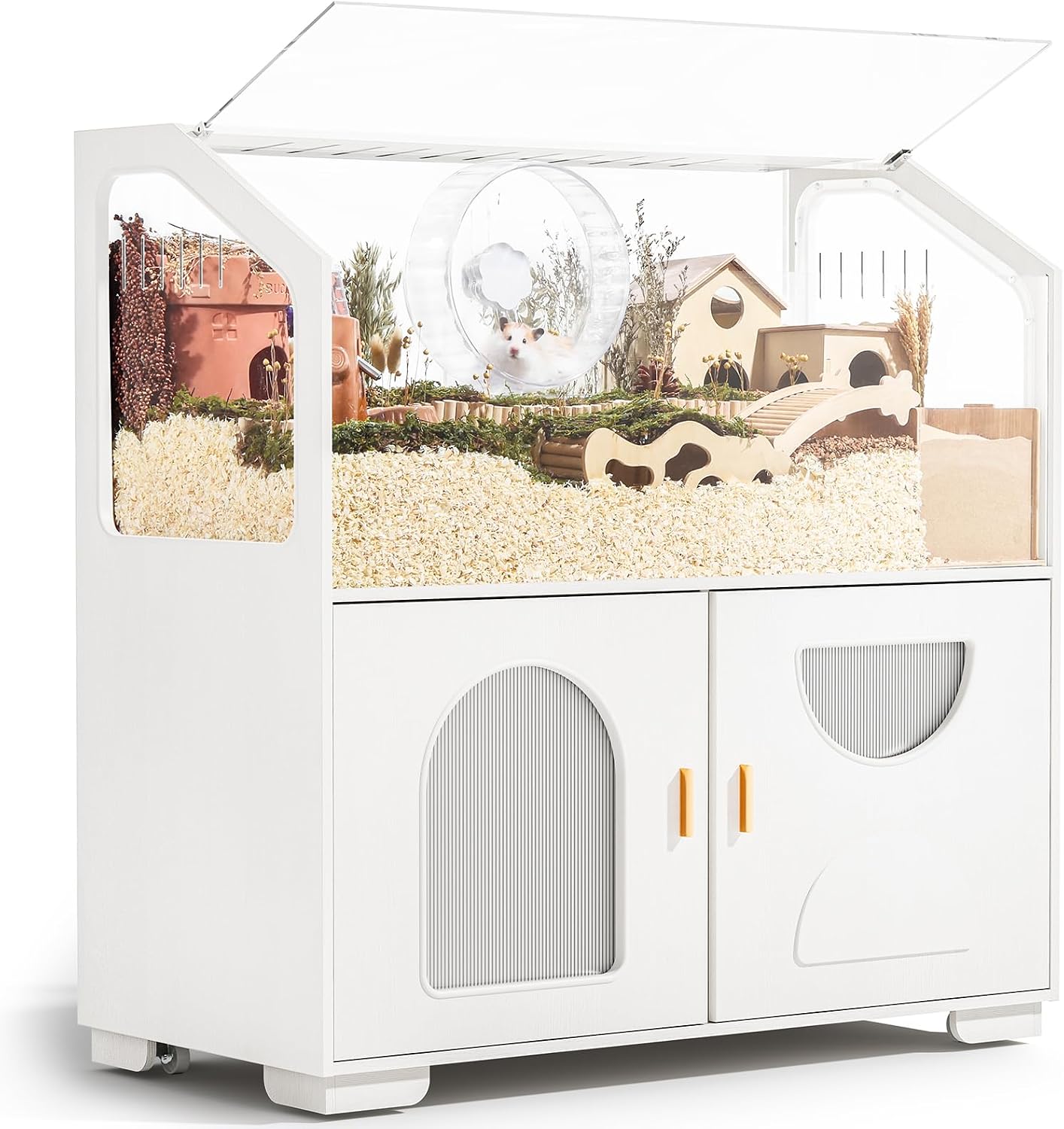 BUCATSTATE 39″ Wooden Hamster Cage with Cabinet and Casters, Classic White