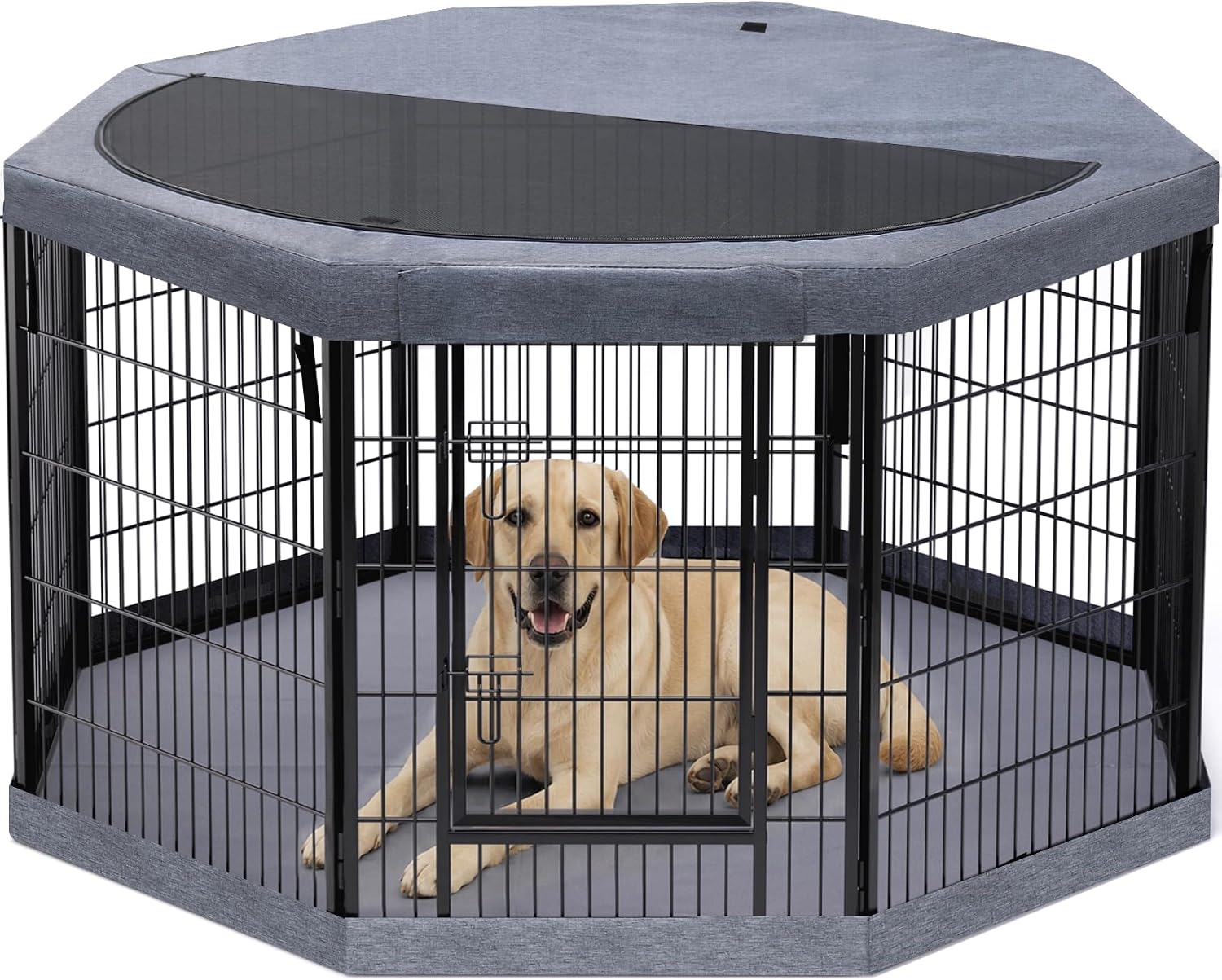 PETIME Dog Playpen,Metal Exercise Puppy Pen Heavy Duty Kennels Yard Fence Indoor/Outdoor 8 Panels Dog Cage with Octagon Top Cover/Bottom Pad (Playpen+Octagon Top+Bottom, Grey, 40″ H)