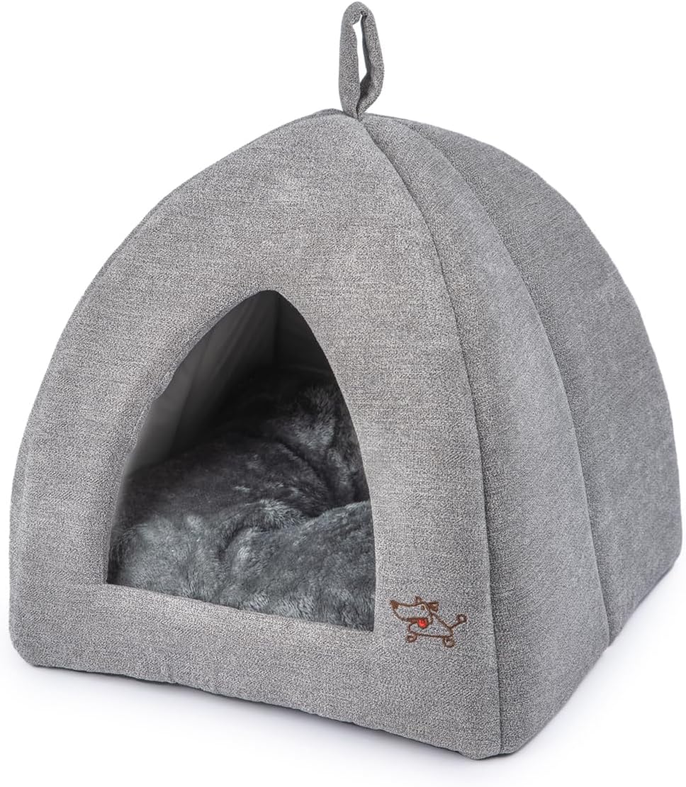 Best Pet Supplies Cat Bed for Indoor Cat, Domed Tent House with Removable Pillow, Covered Cat Cave for Small Dog, Puppies and All Breeds of Cats – Gray, 16 x 16 x H:16″