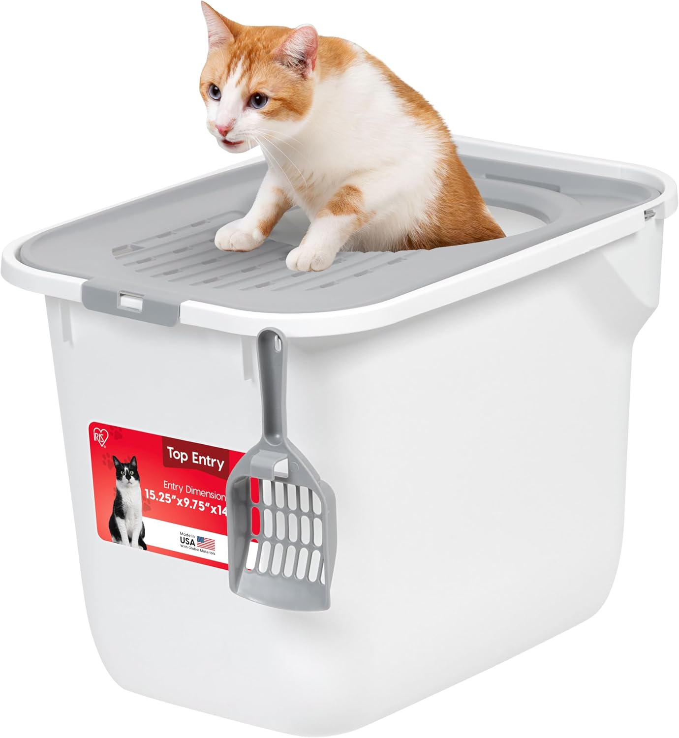 IRIS USA Large Top Entry Cat Litter Box, Hooded Privacy, White/Gray