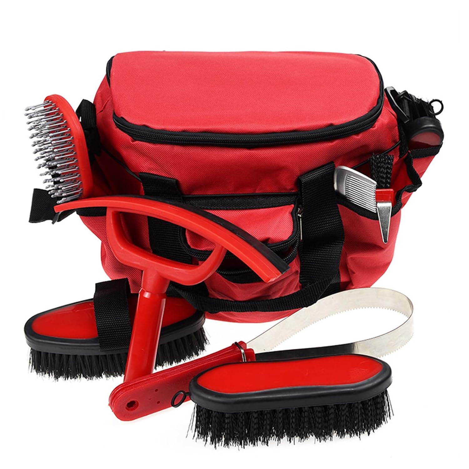 9 – Piece Horse Grooming Kit with Canvas Bag: Grooming Brushes (Face/Body/Leg), Massage Brush, Combs and Curved Sweat Scraper