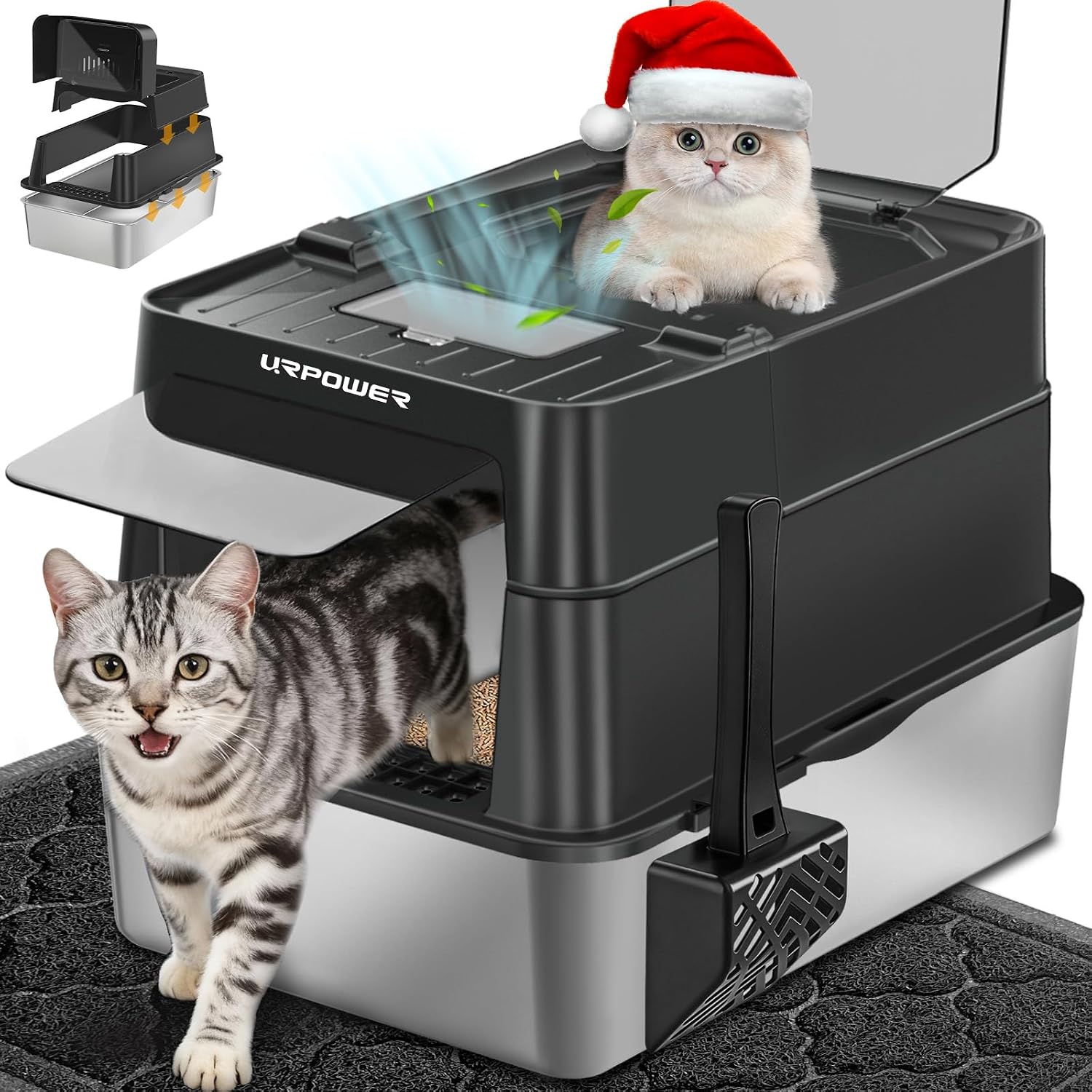 URPOWER XL Stainless Steel Cat Litter Box with 110° Flip-Top Lid