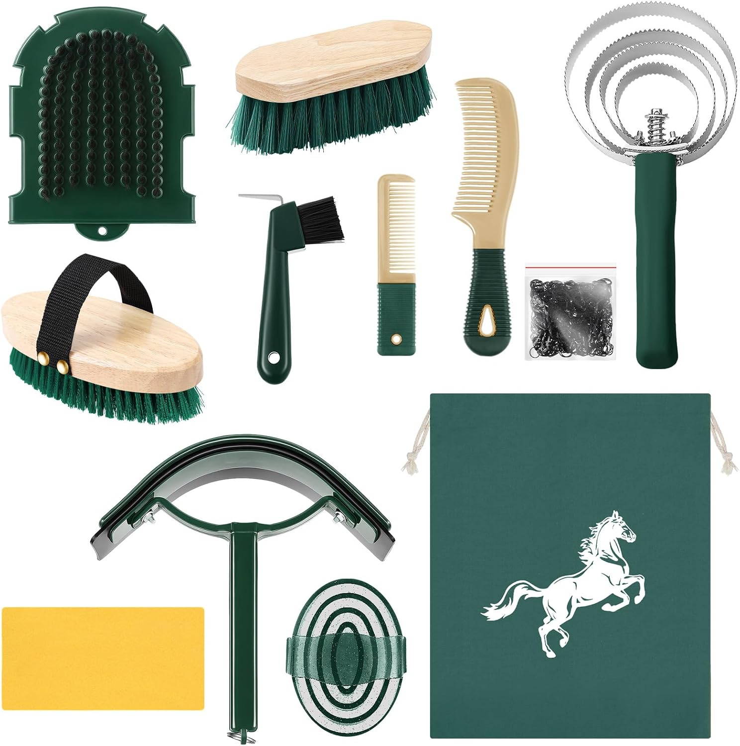 Abbylike 12 Pieces Horse Grooming Kit Racing Festival Tack Room Supplies Horse Brush Sets Equine Care Cleaning Kit Shedding Grooming Massaging Tools (Khaki and Green)