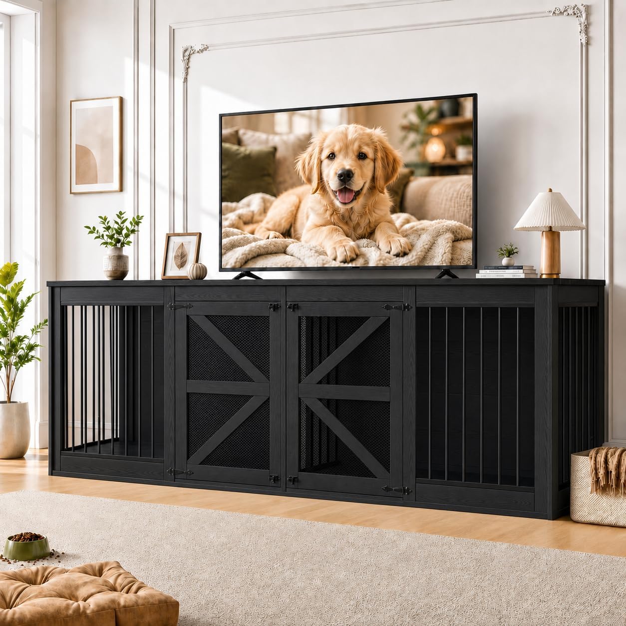 94in Double Dog Crate Furniture, Dog Kennel TV Stand, Black