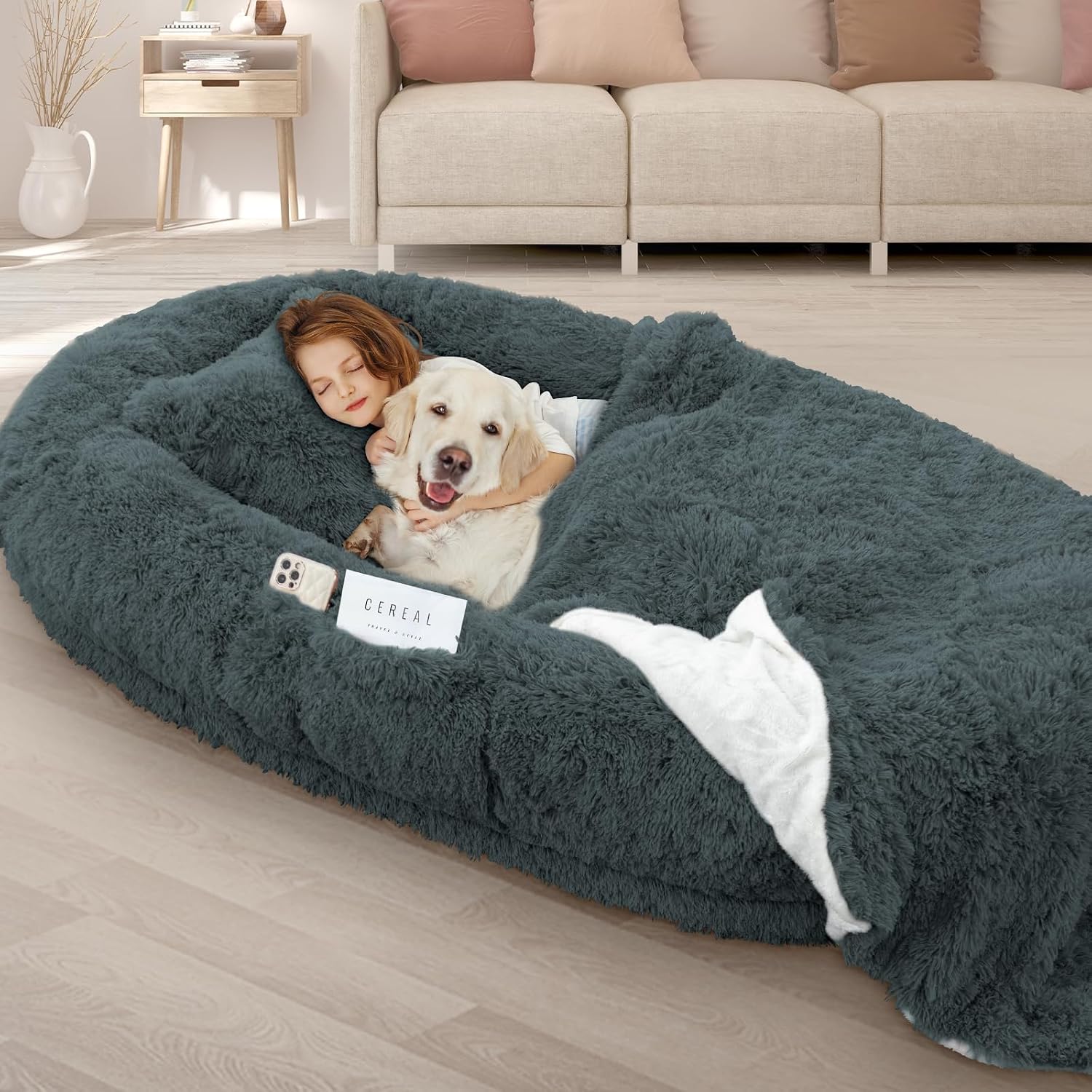 ROOMTEC Human Dog Bed, 78”x51”x12” Size Fits Adult and Pet Washable Giant People Bed 10 CM Thick Memory Foam Large Oversize Pet Bed with Plump Pillow, Blanket, Strap – Darkgrey